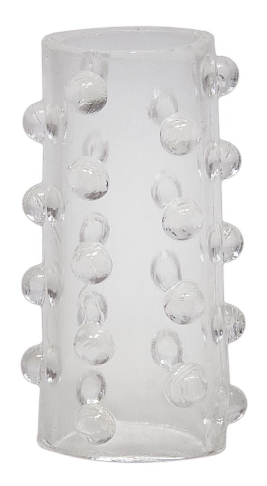 Manchon pénien transparent avec protubérances sphériques. Forme cylindrique.