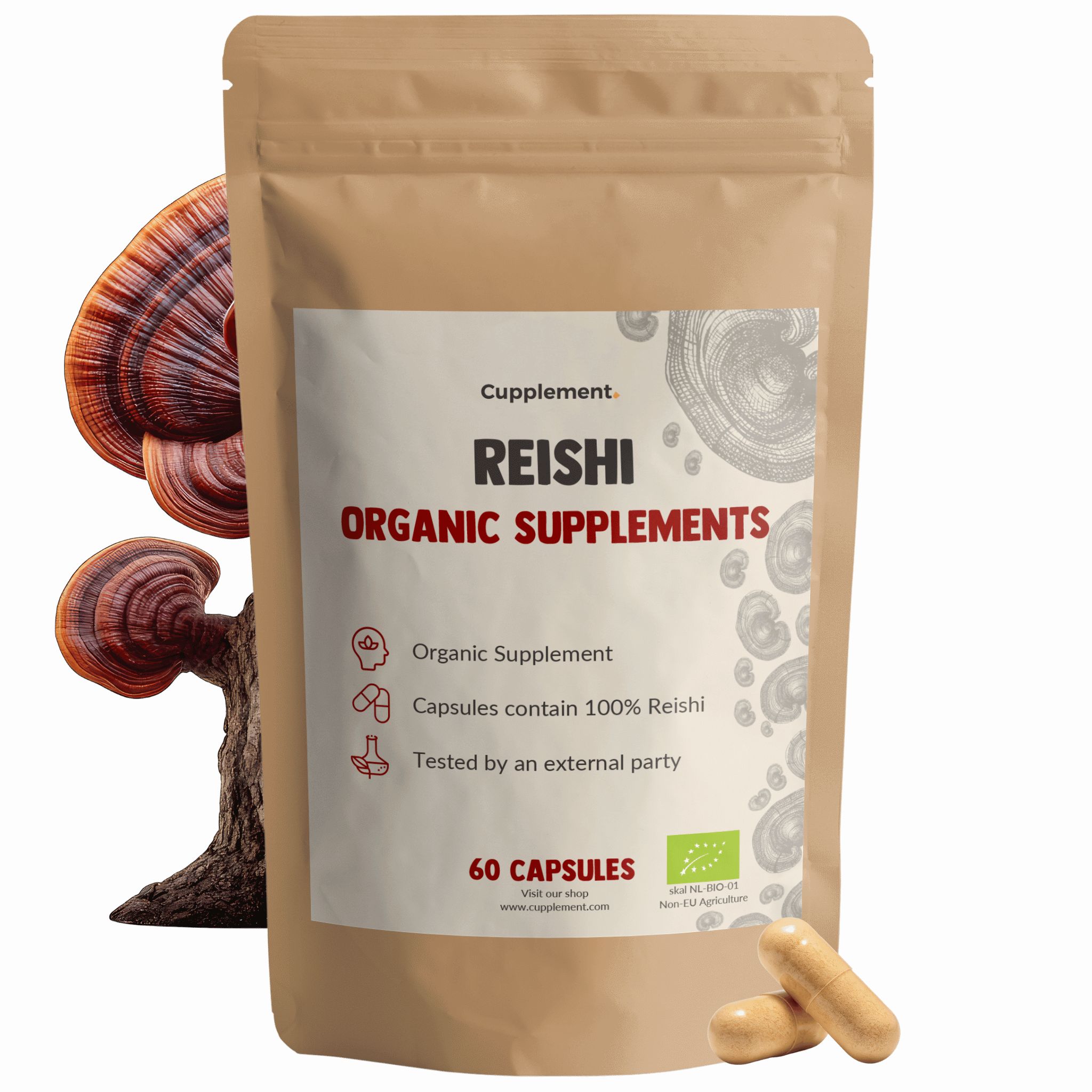 Zakje Cupplement Reishi capsules. 60 capsules. Bio-certificering. Bruine capsules ernaast.