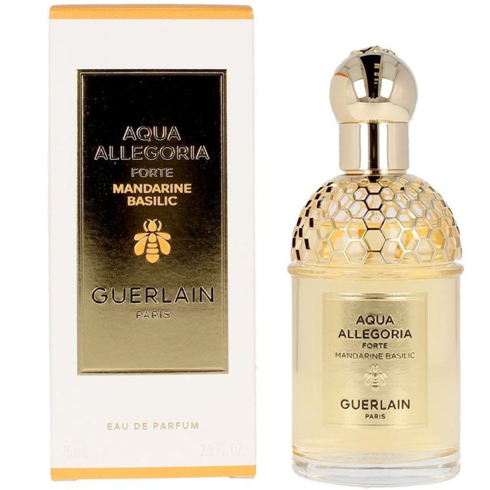Fles en verpakking Guerlain Aqua Allegoria Forte. Gouden details, bijenlogo en tekst. Rechthoekige verpakking.