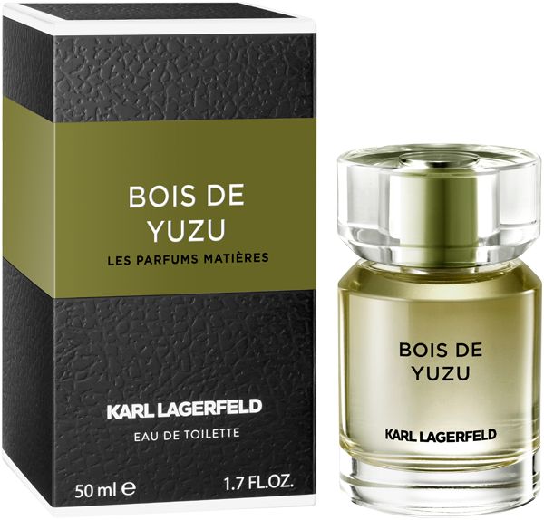 Flacon et emballage Karl Lagerfeld Bois de Yuzu. Emballage noir avec bande verte, flacon avec bouchon transparent.