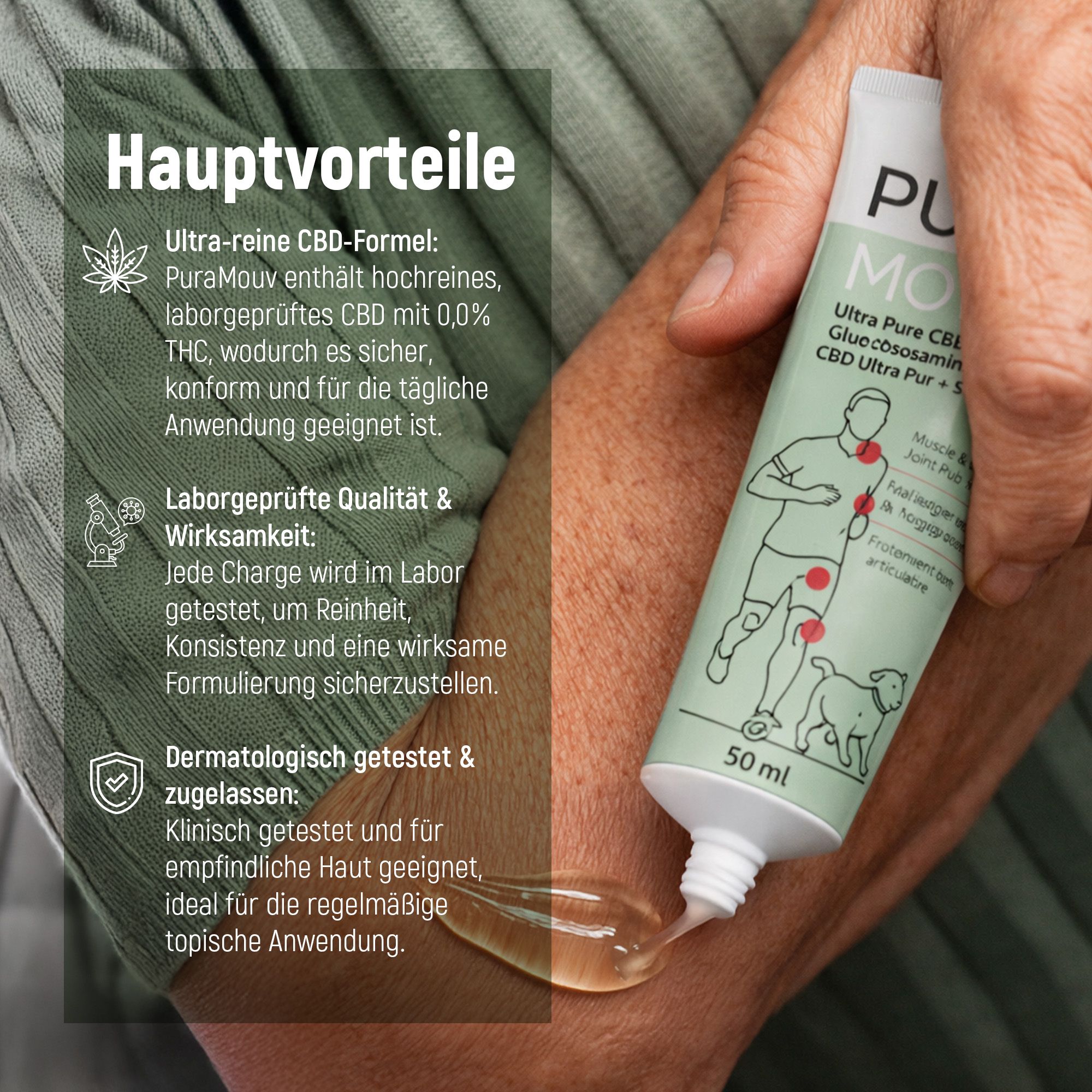 BHW PuraMouv Spier- & Gewrichtsbalsem CBD & Glucosamine Tube in de hand, dermatologisch getest.