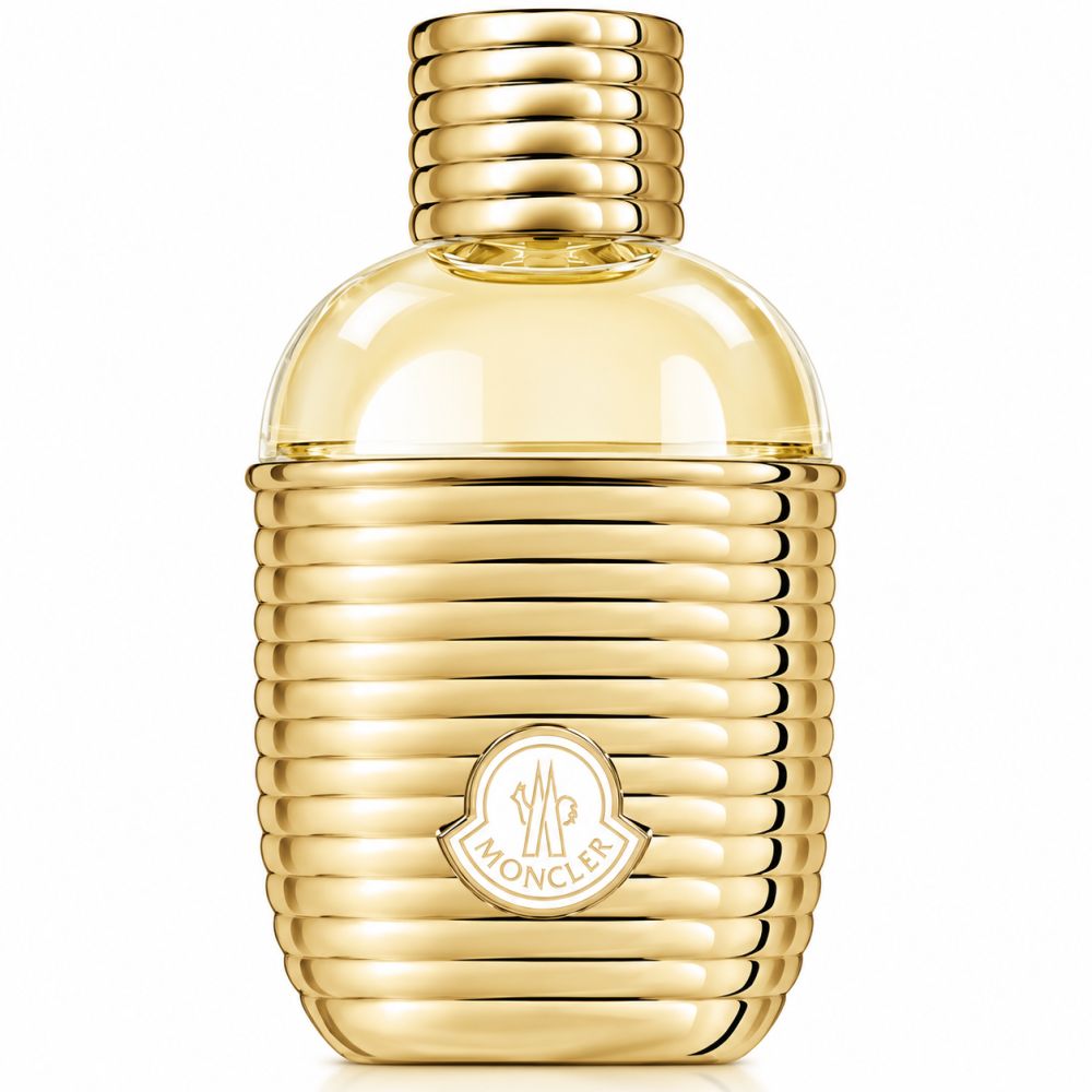 Flacon Moncler Sunrise pour Femme Eau de Parfum. Flacon doré côtelé avec logo Moncler.