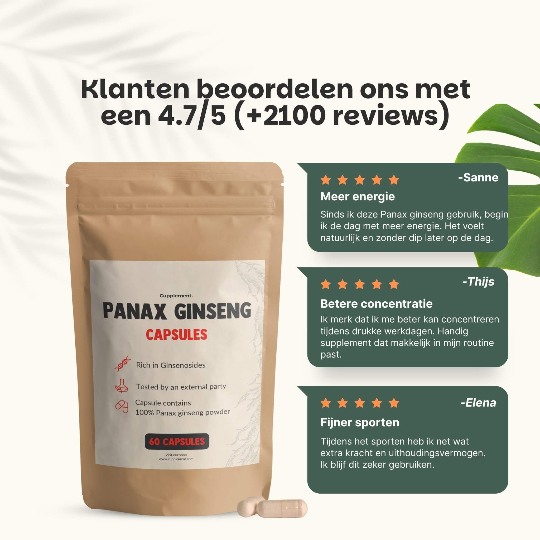 Bruine zak met tekst PANAX GINSENG CAPSULES. Bevat 60 capsules. Klantbeoordeling 4.7/5.