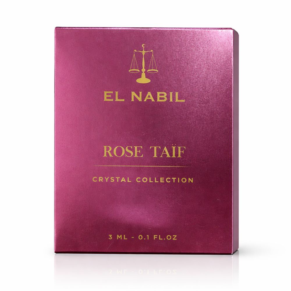 Boîte rose avec texte doré. Contient 'El Nabil', 'Rose Taif', 'Crystal Collection'. 3 ml.