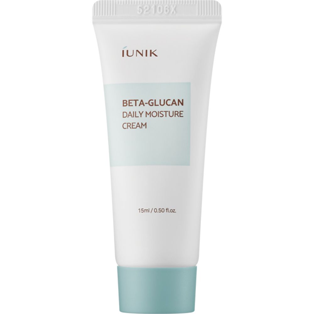 Tube blanche avec bouchon bleu clair. Inscription : iUNIK, Beta-Glucan Daily Moisture Cream. 15ml.