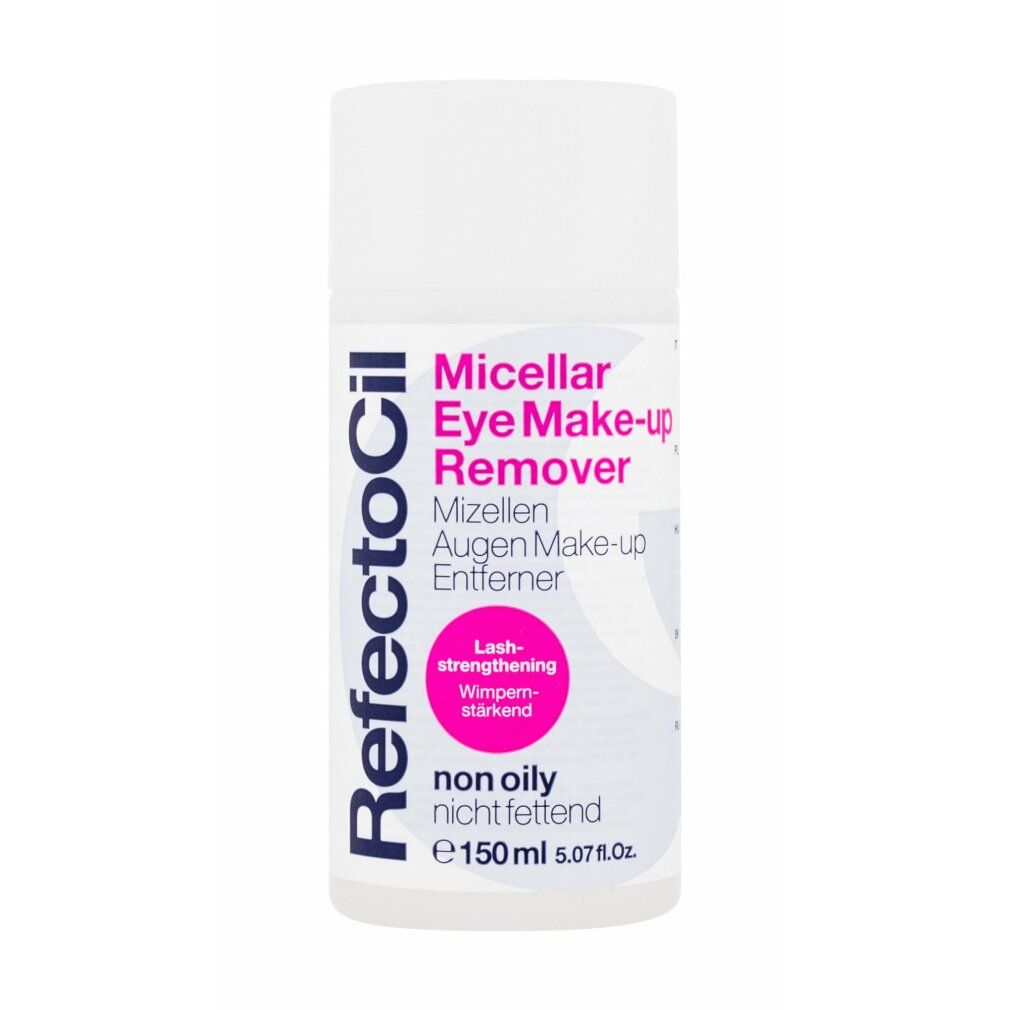 Witte fles met roze tekst 'Micellar Eye Make-up Remover' en RefectoCil-logo. Bevat 150ml.