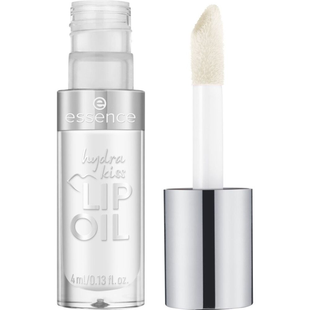 Transparante lipglossfles met zilveren dop en applicator. Opschrift: Hydra Kiss Lip Oil. 4ml/0.13 fl.oz.