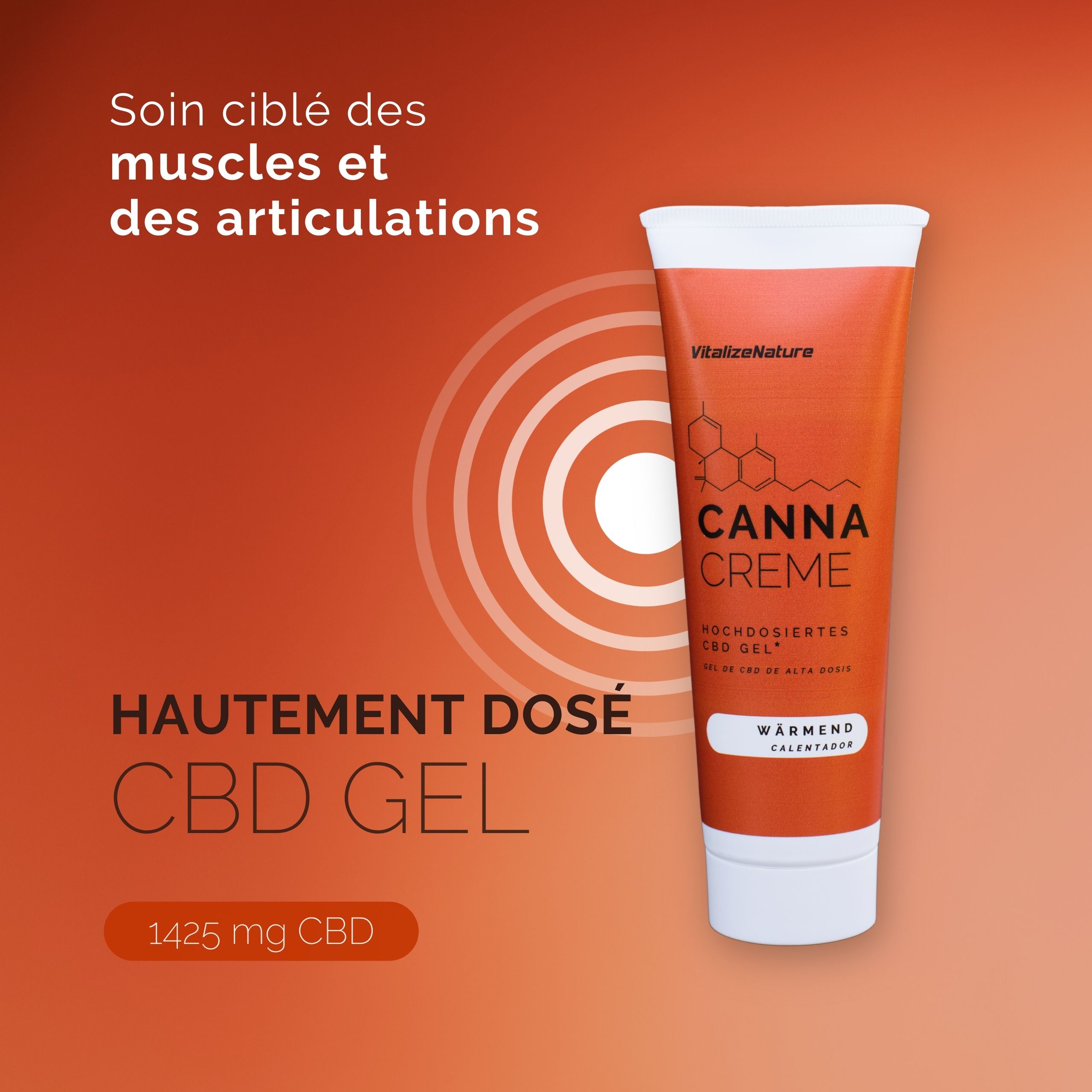 Tube de Canna Creme. Texte: Canna Creme, hochdosiertes CBD Gel, wärmend.