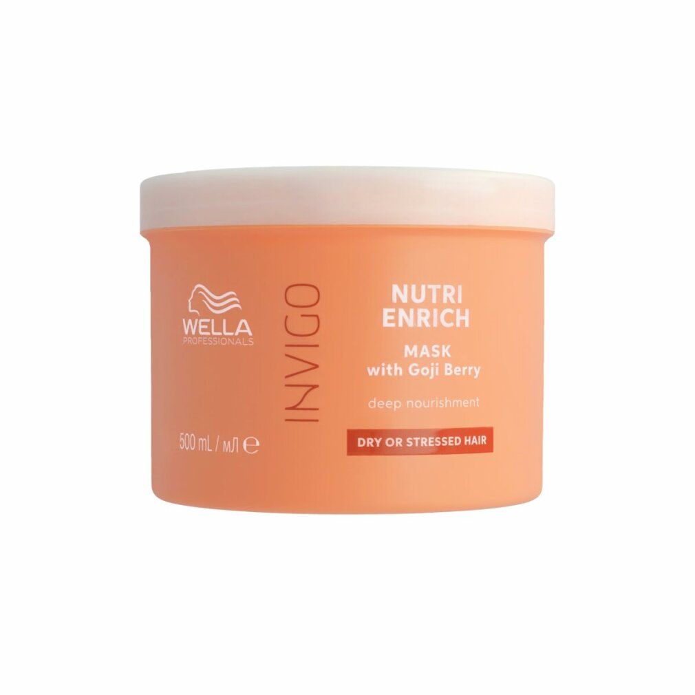 Oranje pot met witte deksel. Opschrift: Wella Invigo Nutri Enrich Mask with Goji Berry. Voor droog of beschadigd haar.
