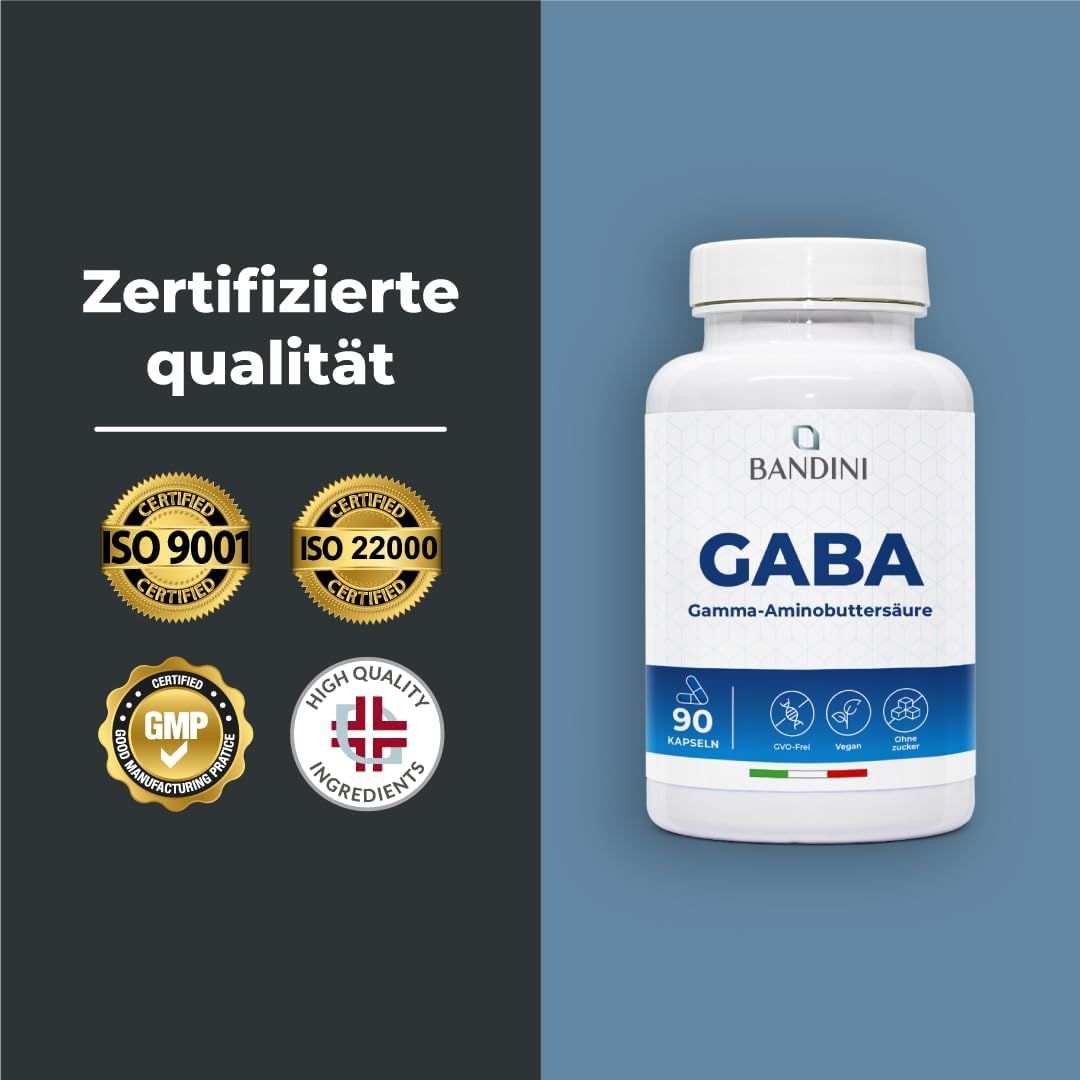 Witte fles GABA capsules. Opschrift: Bandini, GABA, 90 capsules. Certificeringen: ISO 9001, ISO 22000, GMP, High Quality.