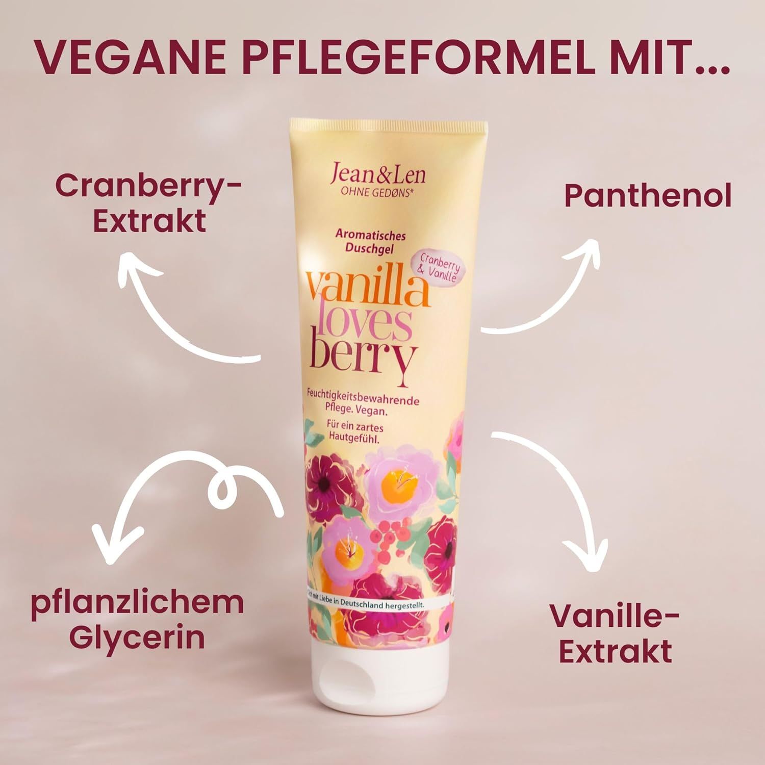 Gel tube met tekst: Veganistische verzorgingsformule met... Cranberry extract, plantaardige glycerine, vanille extract, panthenol. Naam: Vanilla loves Berry.
