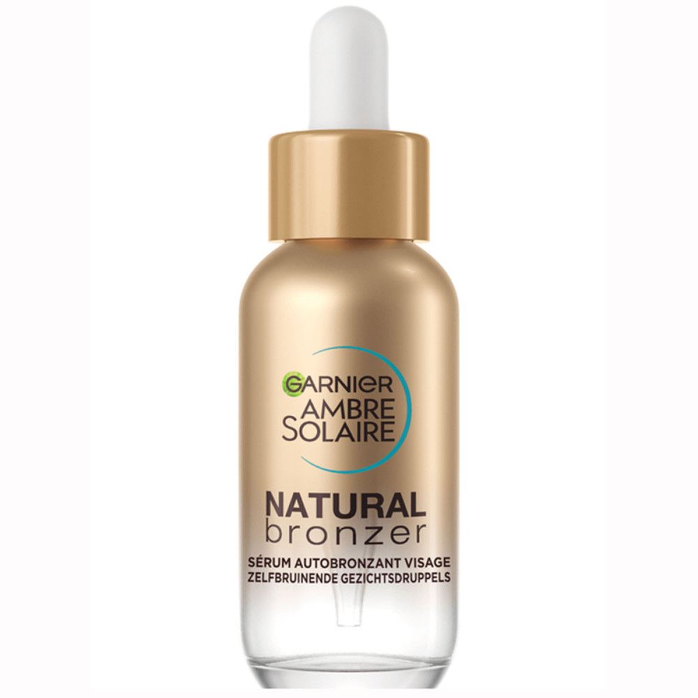 Sérum autobronzant Garnier Natural Bronzer. Flacon avec pipette. Texte: Natural Bronzer, Serum autobronzant visage, Selbstbräunende gezichtsdr.