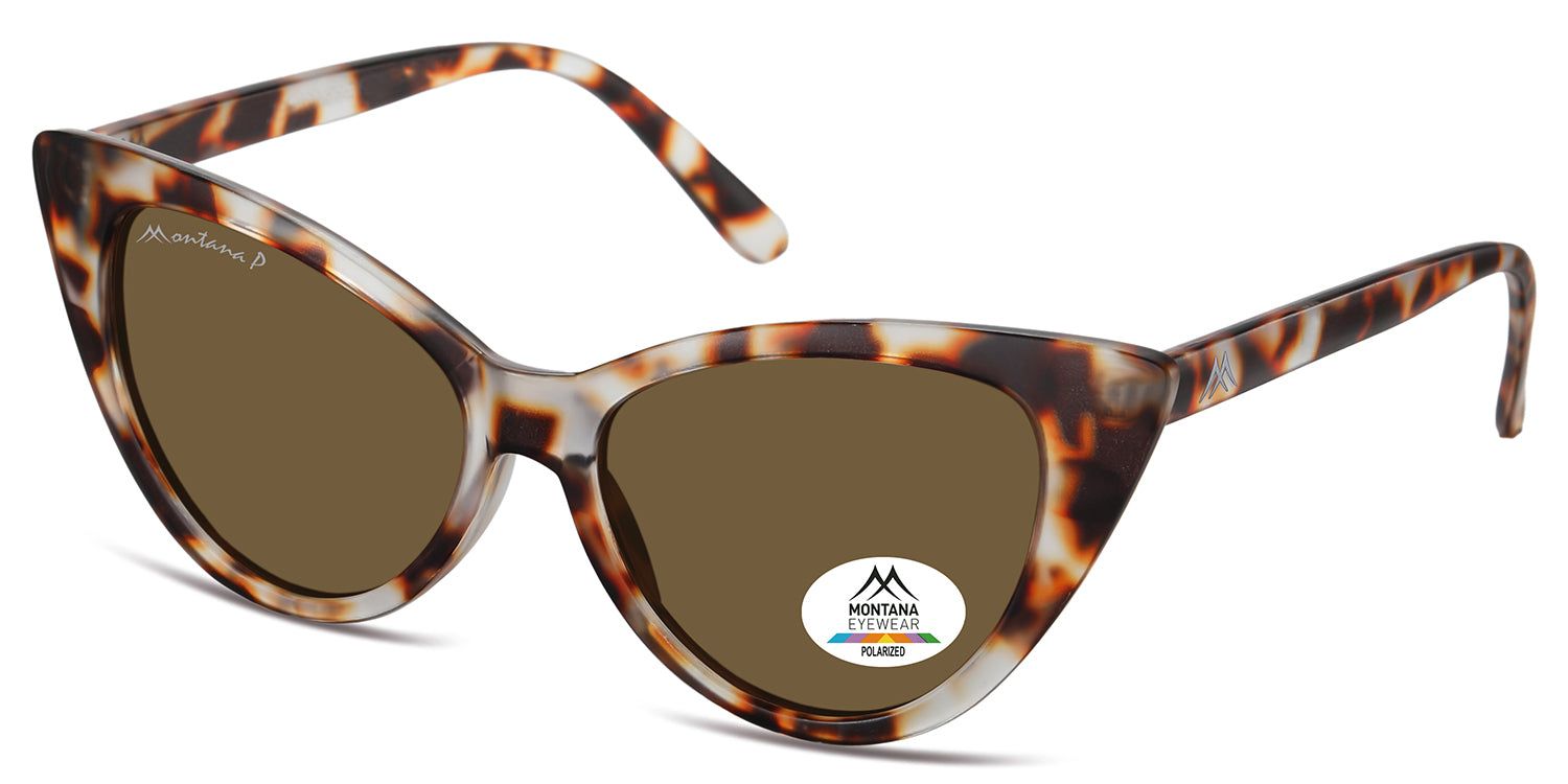 Lunettes de soleil marron et motif écaille de tortue. Logo Montana Eyewear et autocollant verre polarisé.