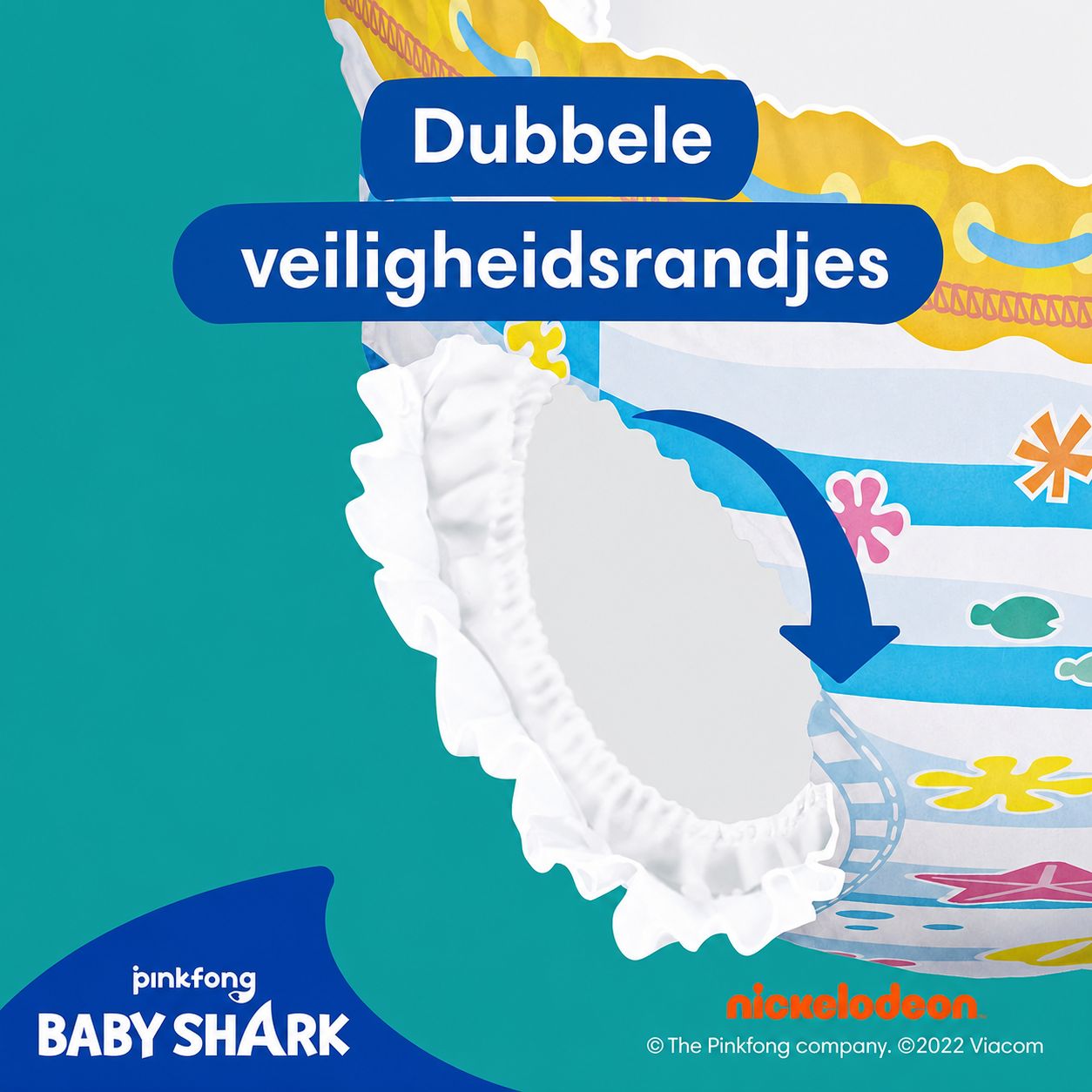Pampers Splashers: Baby Shark ontwerp met haaien en zeemotieven.