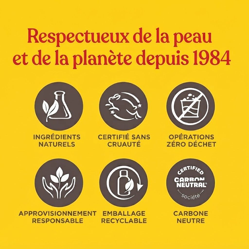 Icônes : ingrédients naturels, certifié sans cruauté, zéro déchet, approvisionnement responsable, emballage recyclable, carbone neutre.
