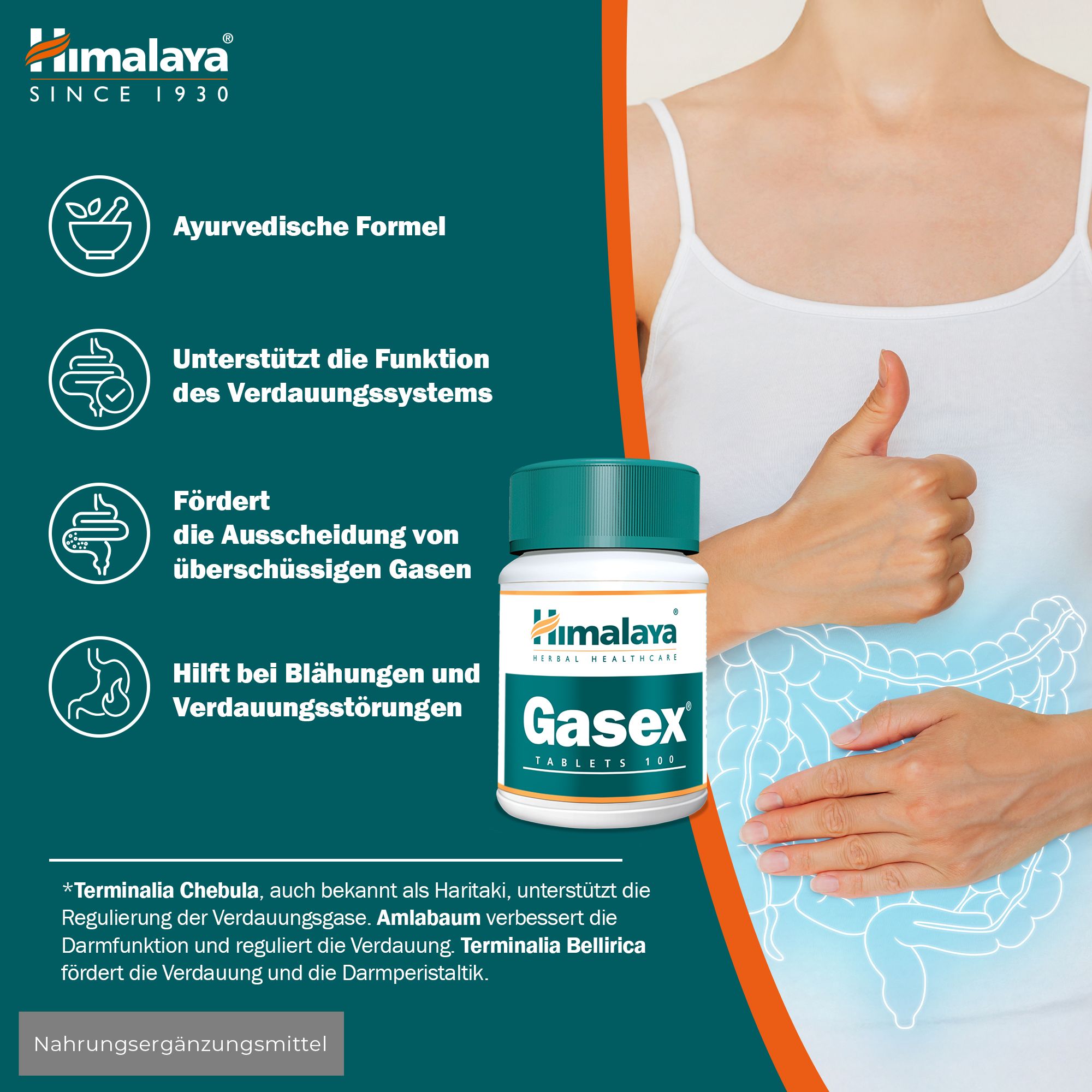 Himalaya Gasex tablettenpotje met ingrediënten zoals Triphala en gember.