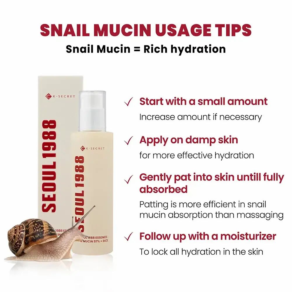 Fles en verpakking. Rode tekst: SEOUL 1988. Tekst: K-SECRET, SEOUL 1988 ESSENCE, SNAIL MUCIN 97% + RICE. Slak.