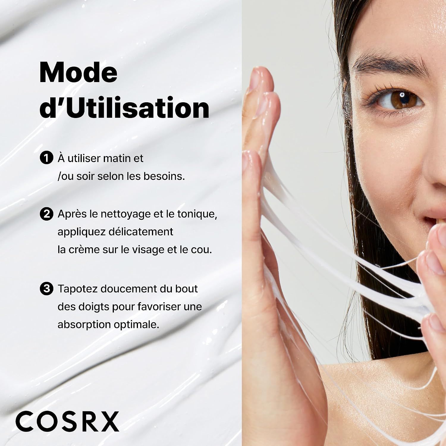 Application de la crème d'escargot COSRX sur la main, tapoter doucement pour favoriser l'absorption.