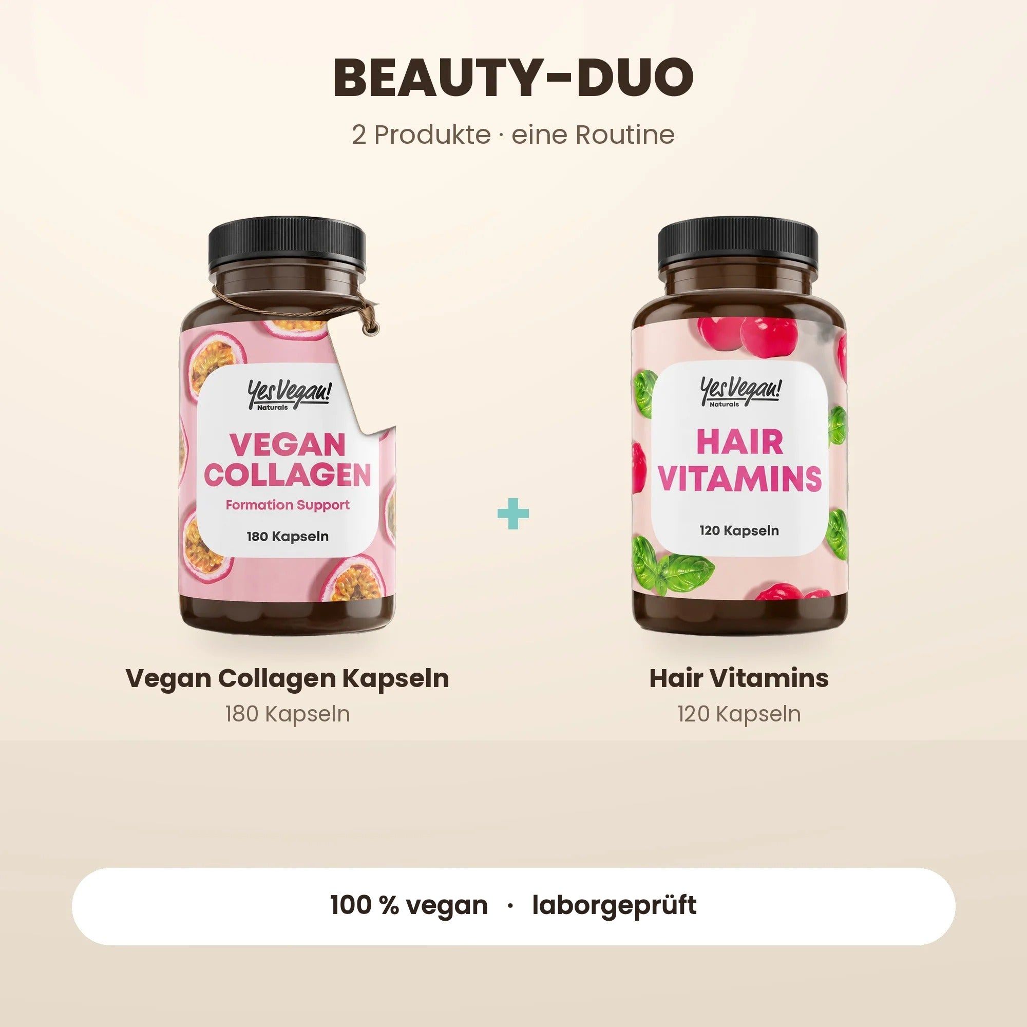Deux flacons Yes Vegan : Gélules Vegan Collagen (180 pcs) et Hair Vitamins (120 pcs).