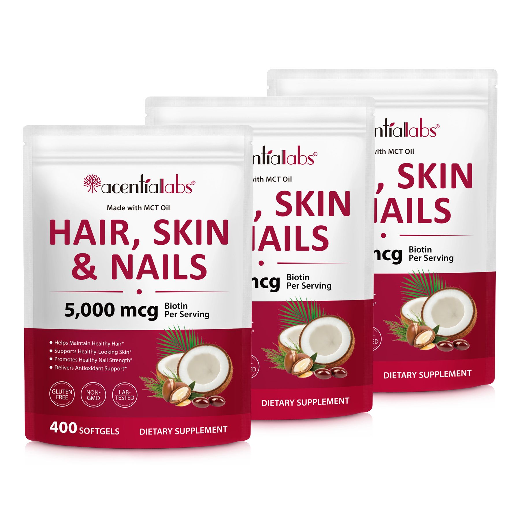 Trois paquets de compléments alimentaires "Hair, Skin & Nails" avec 5 000 mcg de biotine et 400 gélules chacun.