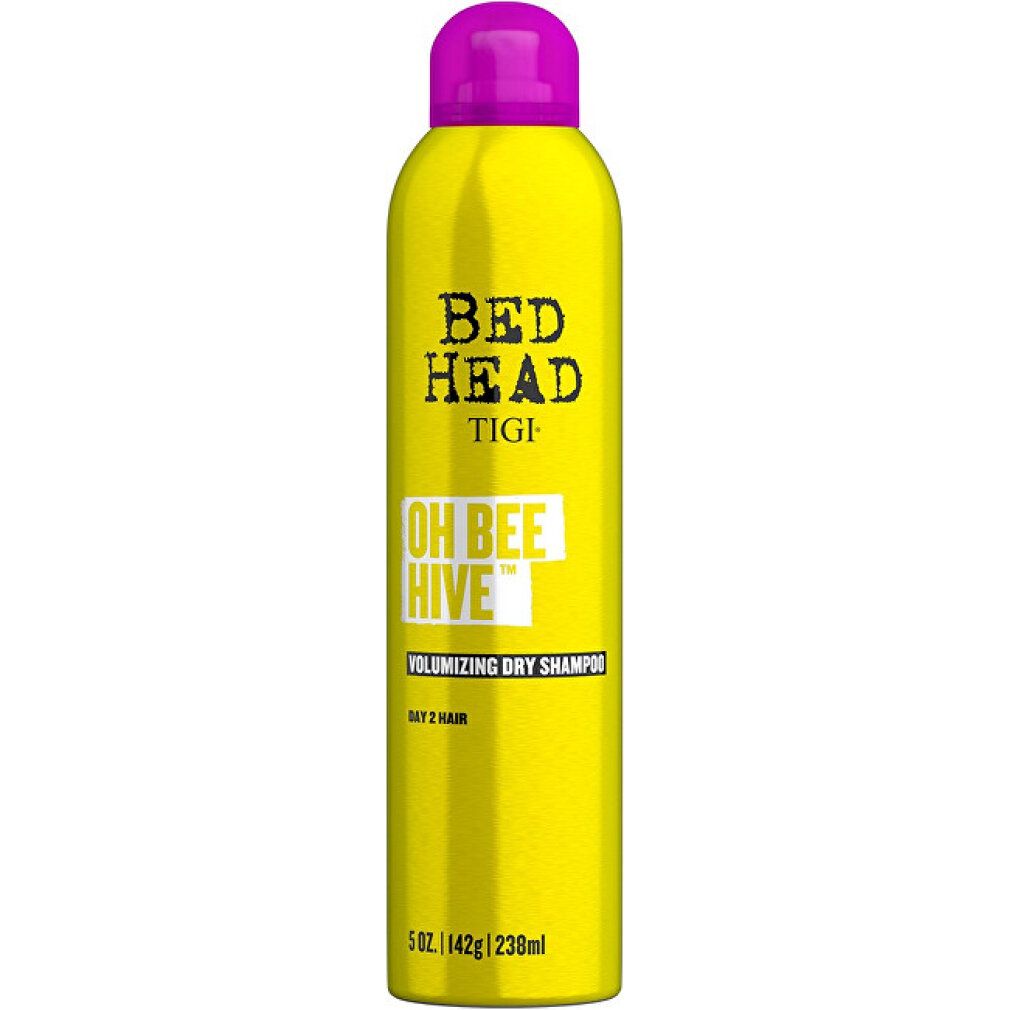 Tigi Bed Head Oh Bee Hive Volumizing Dry Shampoo dans une boîte jaune avec un bouchon rose.