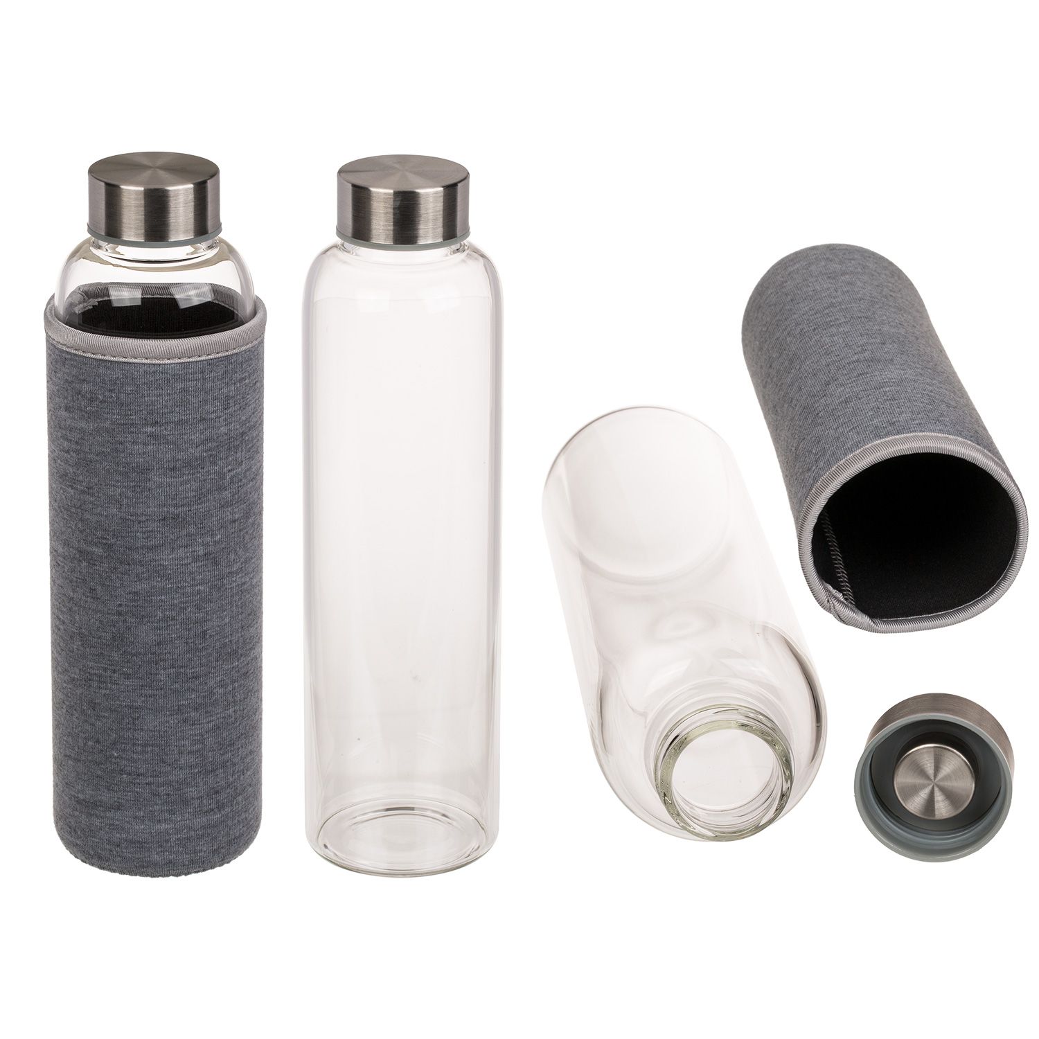Glazen fles met metalen dop en grijze stoffen hoes. Meerdere weergaven: fles met en zonder hoes, dop en hoes apart.