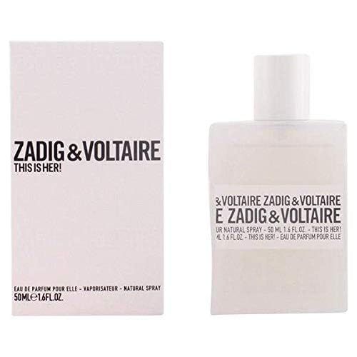 Witte fles en verpakking. Opschrift: Zadig & Voltaire, This is Her! Tekst: Eau de Parfum pour elle, 50ml.