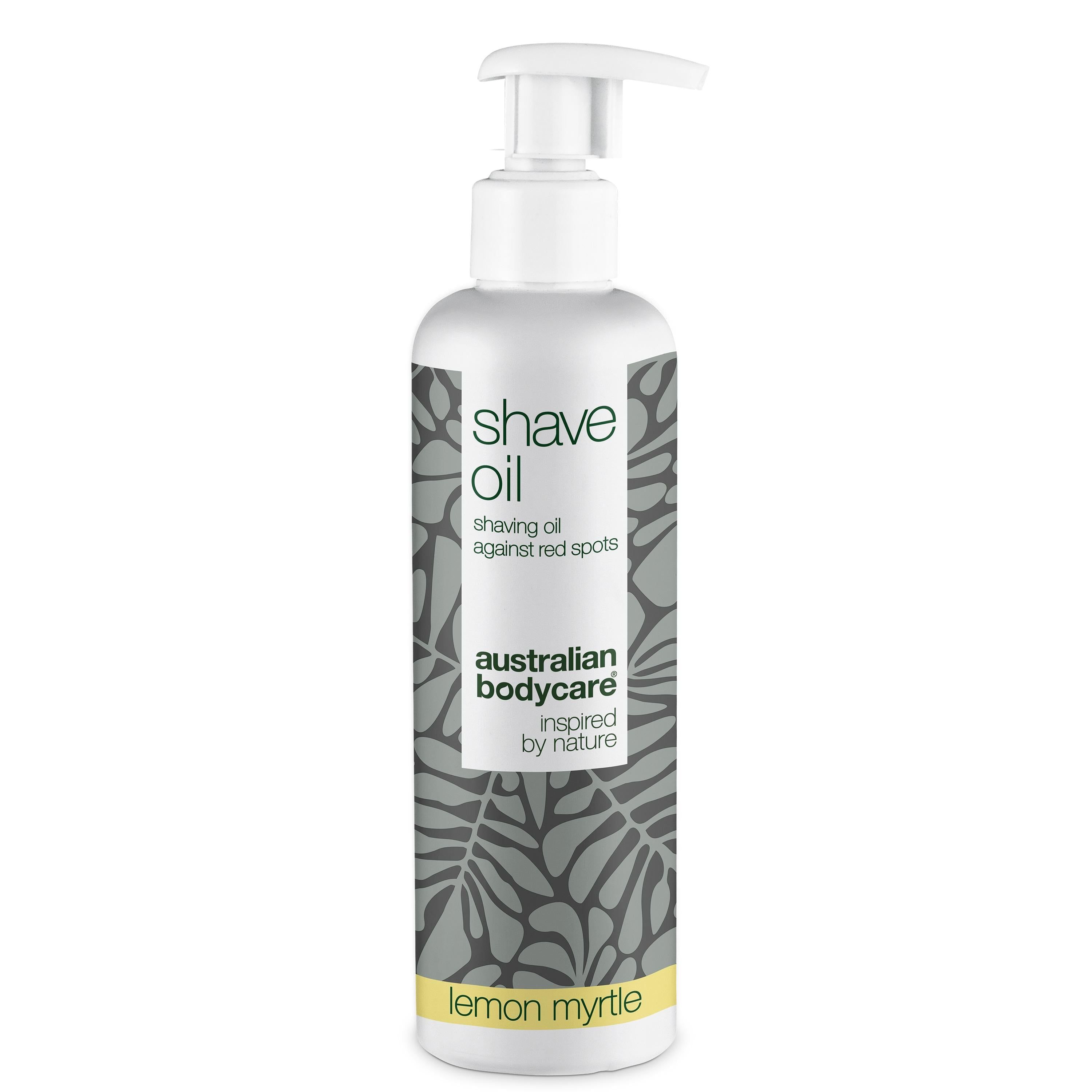 Flacon blanc avec pompe. Inscription : Shave Oil, contre les rougeurs. Marque : Australian Bodycare.