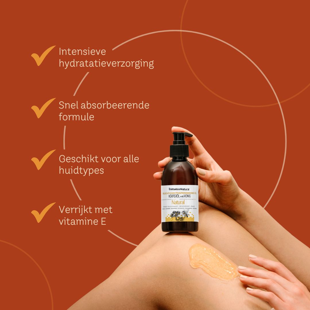 Gezicht van een vrouw met gesloten ogen, tekst over toepassing van lichaamsolie.