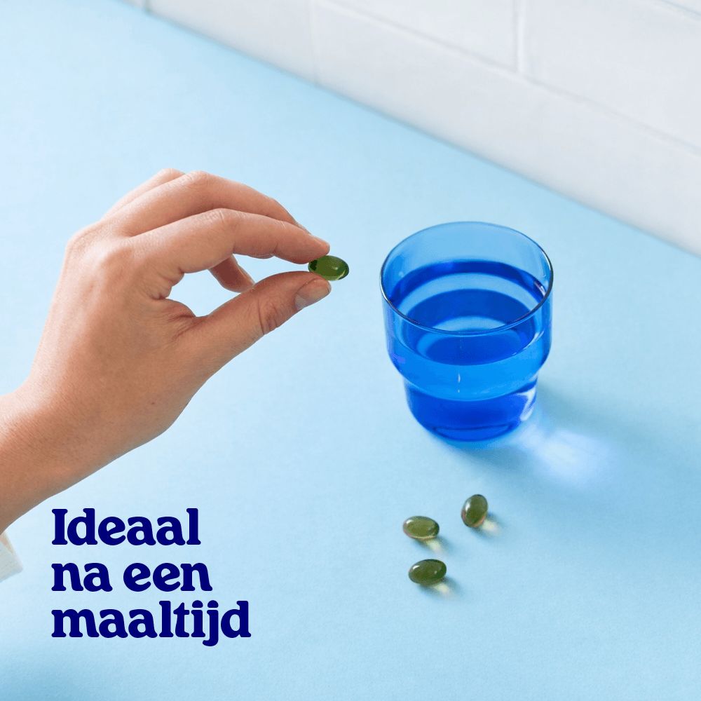 Verpakking Arctic Blue L-Theanine Omega-3 met details over ingrediënten en capsulegrootte.