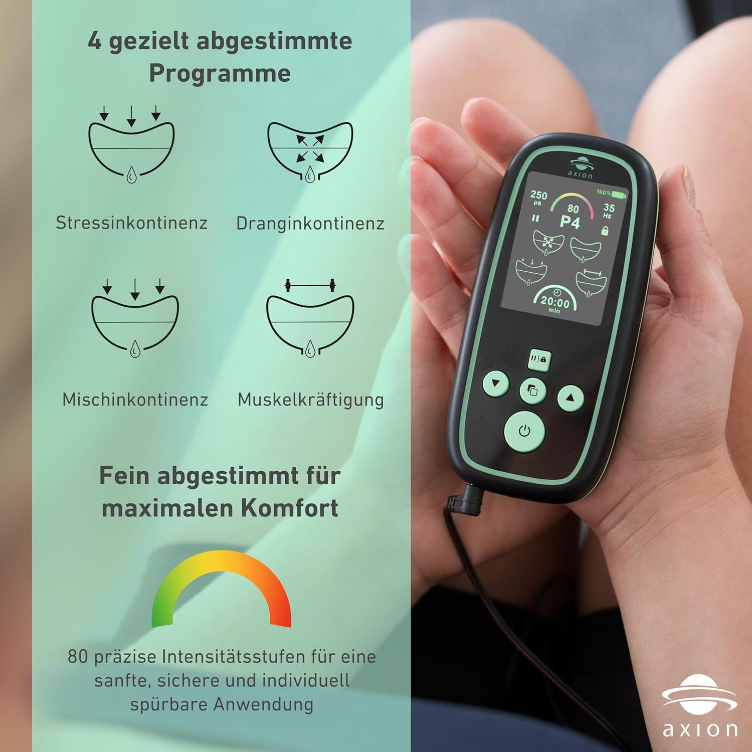 axion® I-3000 bekkenbodemtrainer met display. 4 programma's voor incontinentie en spierversterking. Kleurverloop.