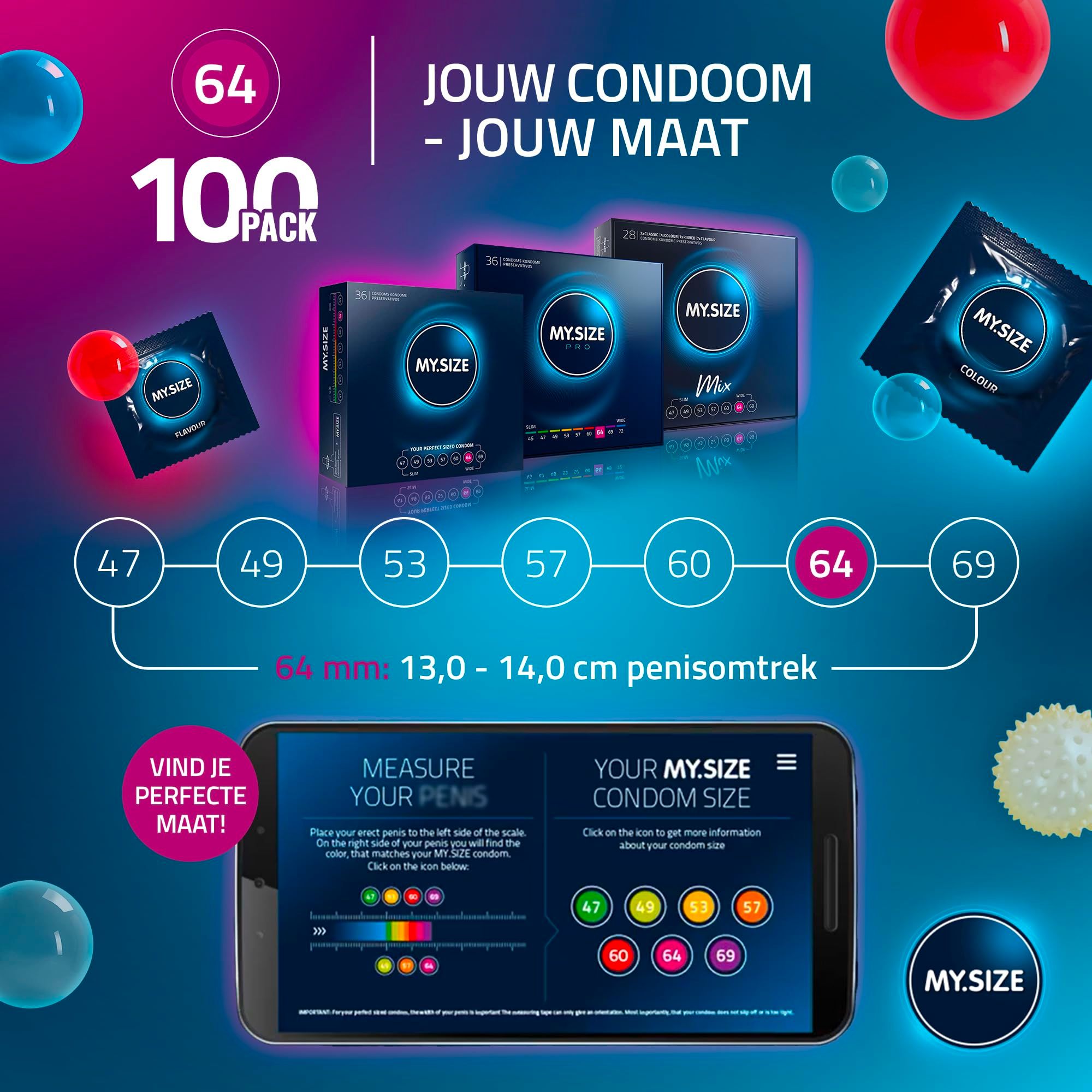 Verpakking van 100 condooms, maat 64. Meerdere maatopties zijn zichtbaar.