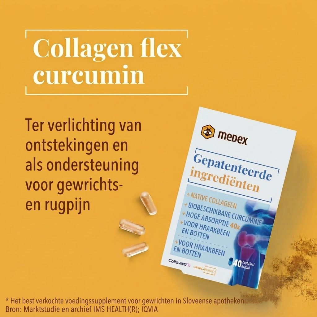 Medex Collagen flex Curcumin verpakking met tekst 'Klinisch bewezen' en capsules.