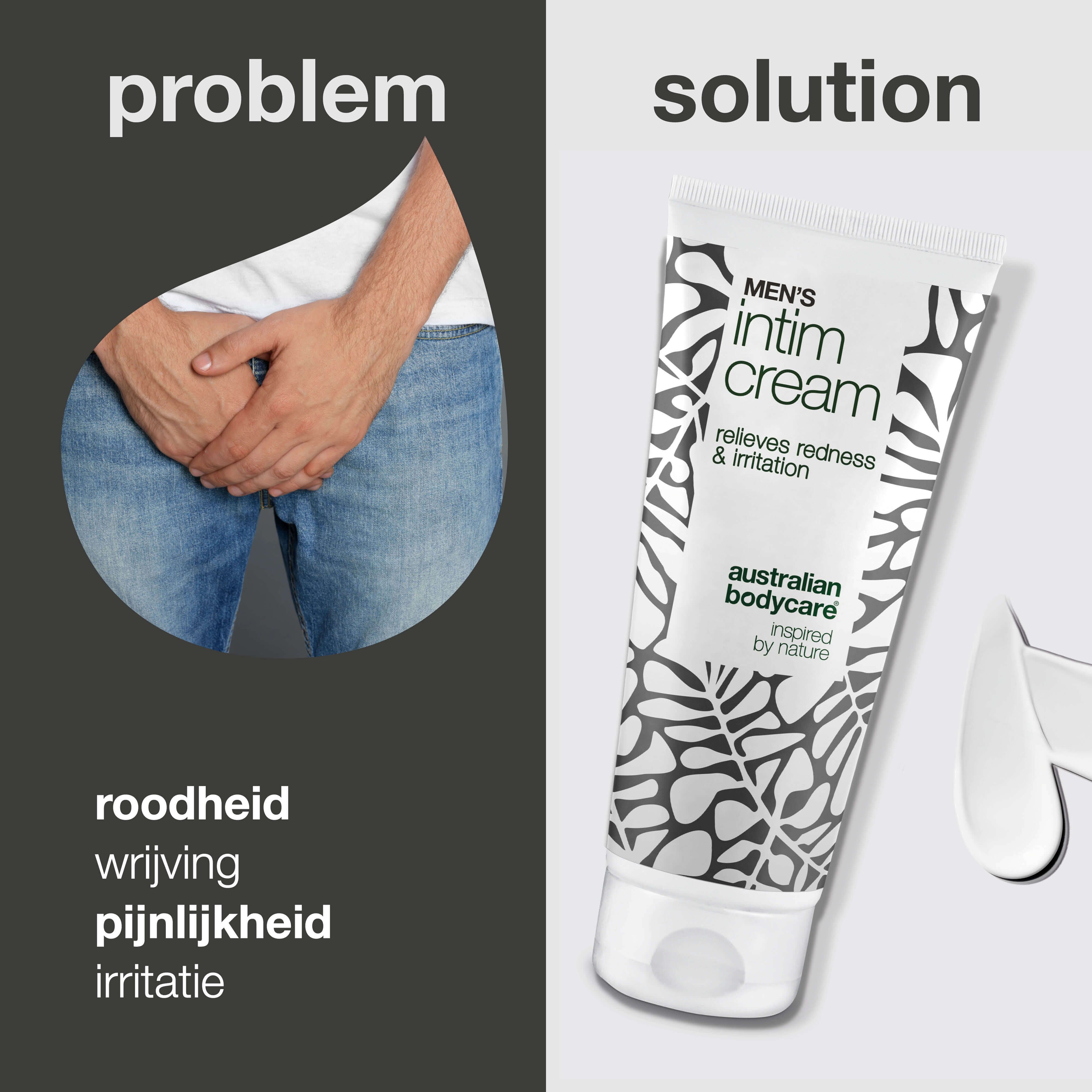 Vergelijking: probleem en oplossing. Links: man met handen in kruis. Rechts: tube intieme crème. Tekst: roodheid, wrijving, pijn, irritatie.