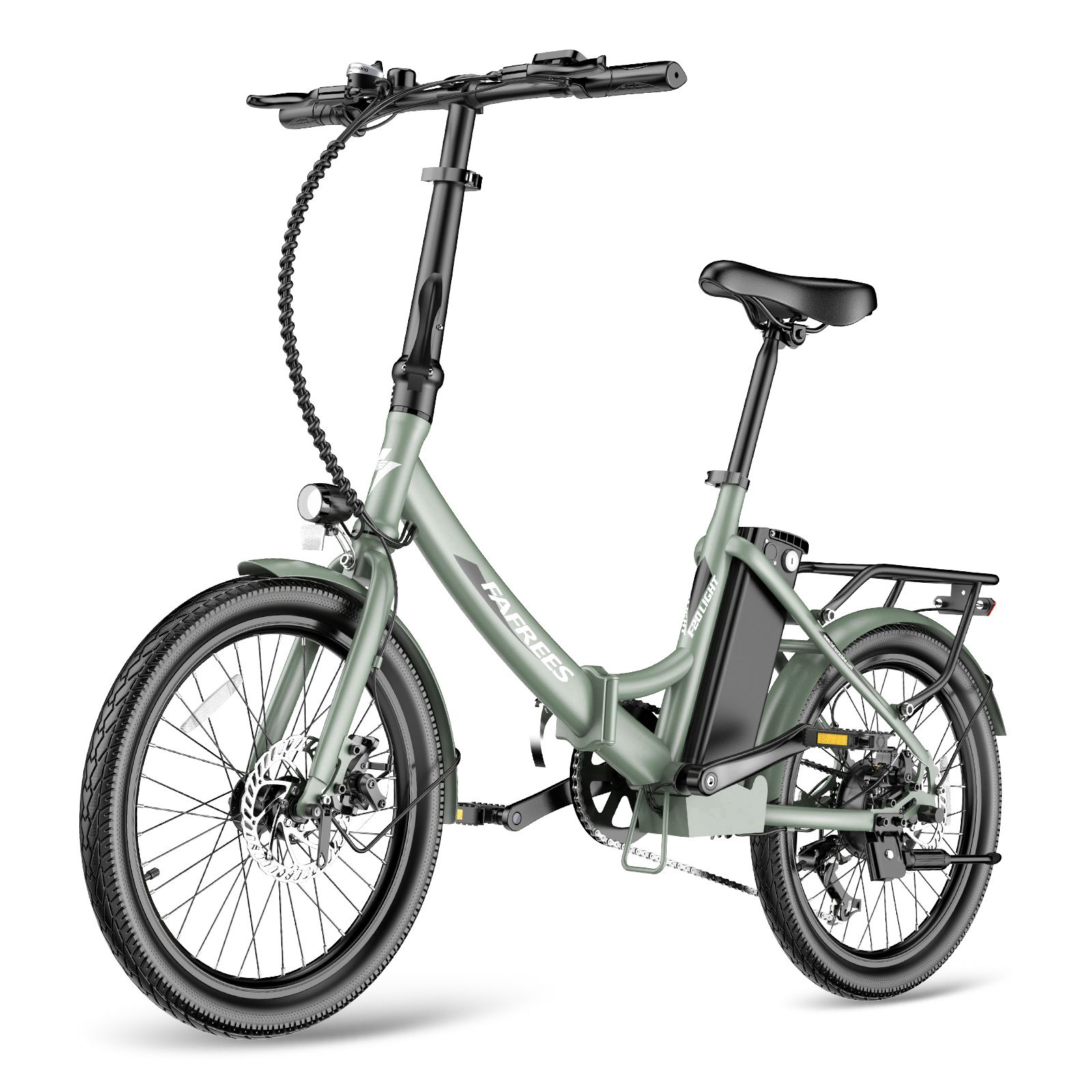 Lichtgroene Fafrees F20Light e-bike. Opvouwbaar frame, bagagerek, spatborden. Zwarte banden en zadel. Accu op frame.