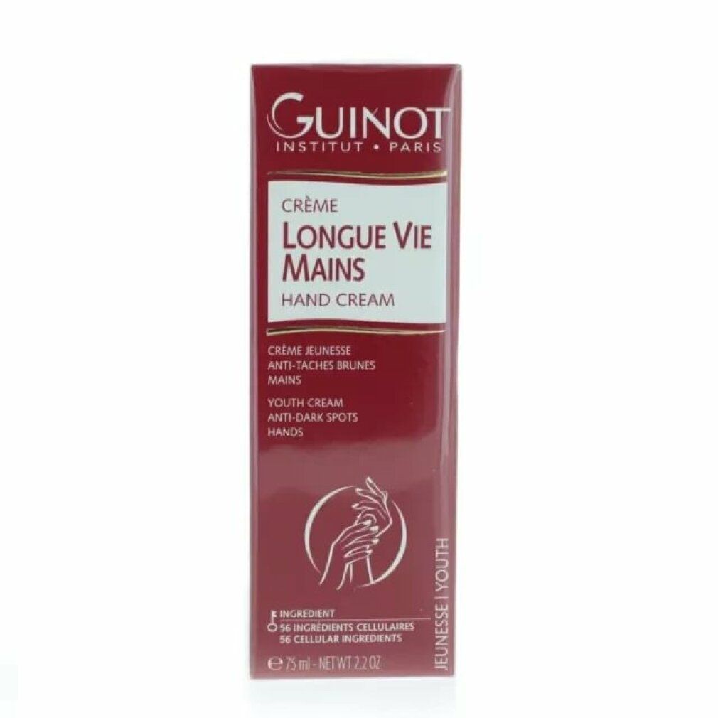 Emballage de la crème mains Guinot Longue Vie Mains. Boîte en carton rouge avec image produit, texte et 75 ml.