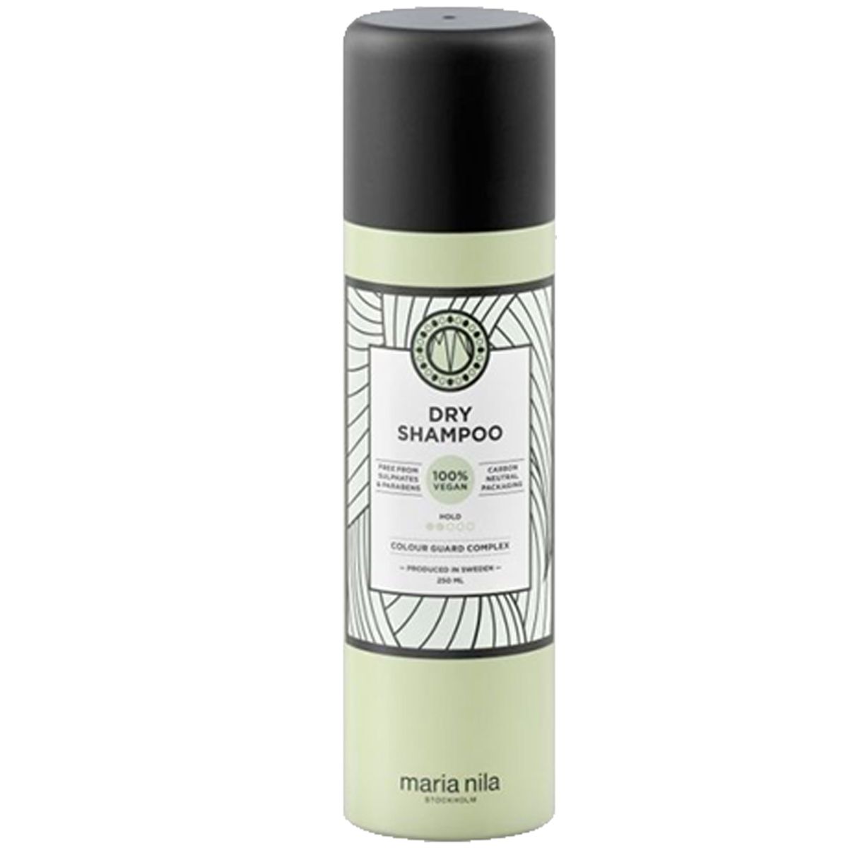Maria Nila Dry Shampoo, flacon de 250ml avec bouchon noir. Étiquette vert clair avec informations produit et motif.