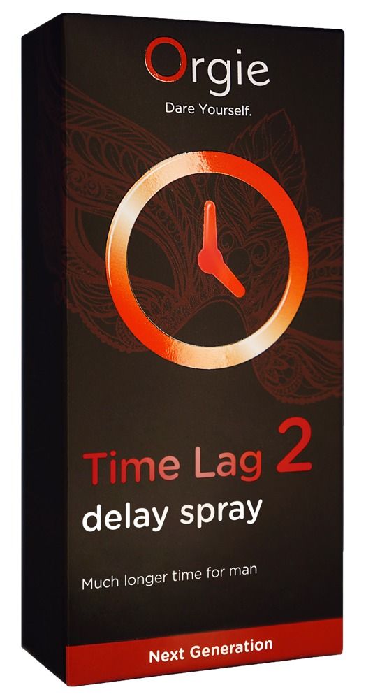 Boîte noire avec logo et nom du produit. Cercle rouge avec horloge. Texte: Time Lag 2 delay spray. Plus de temps pour l'homme.