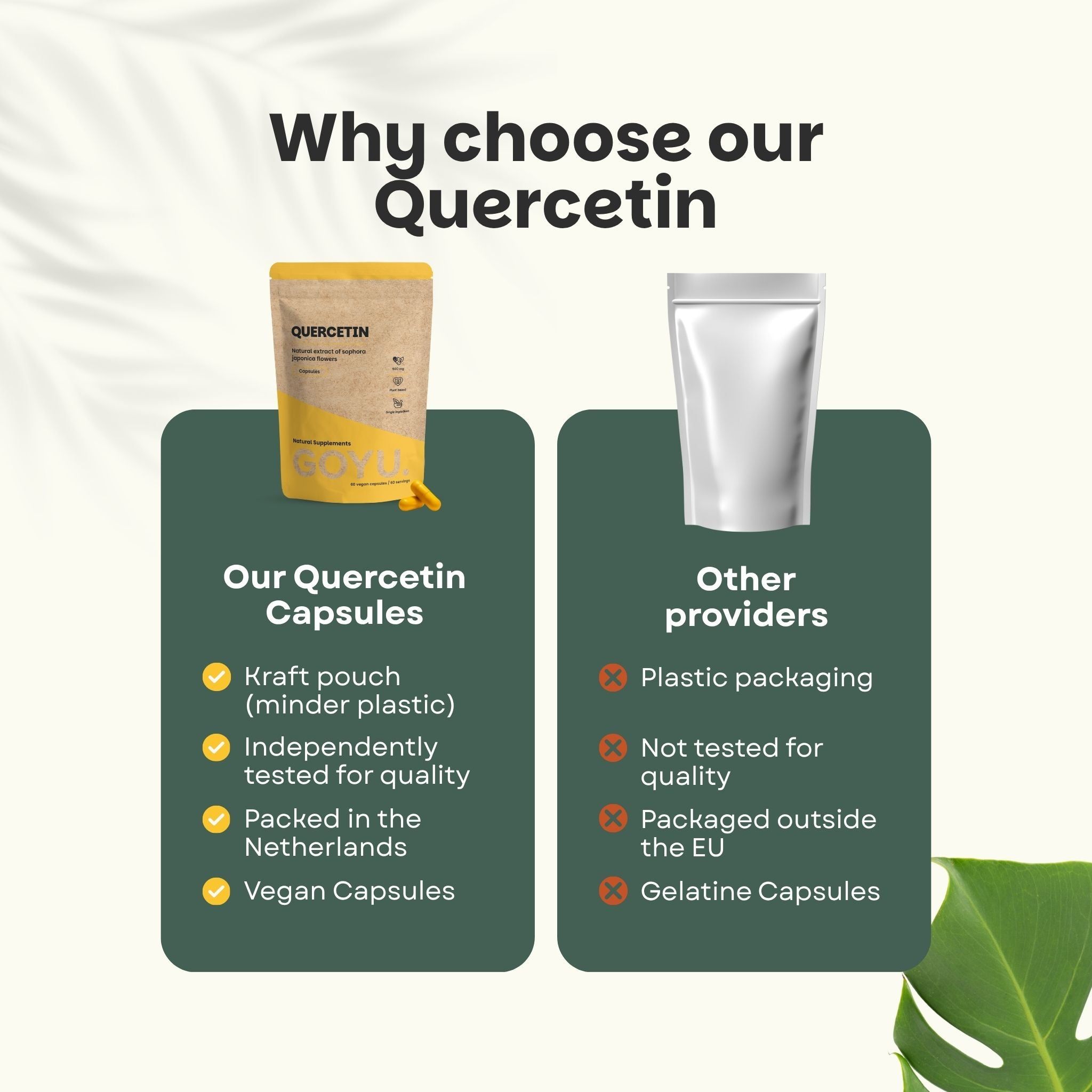 Emballage de capsules de Quercétine, 500 mg. Liste des caractéristiques : 100% naturel, vegan, expédiable par courrier.