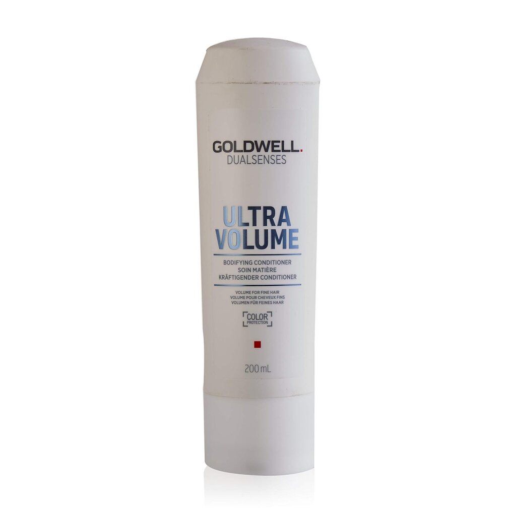 Goldwell Dual Senses Ultra Volume Conditioner. Flacon blanc, texte bleu. Contient 200 ml. Pour cheveux fins.