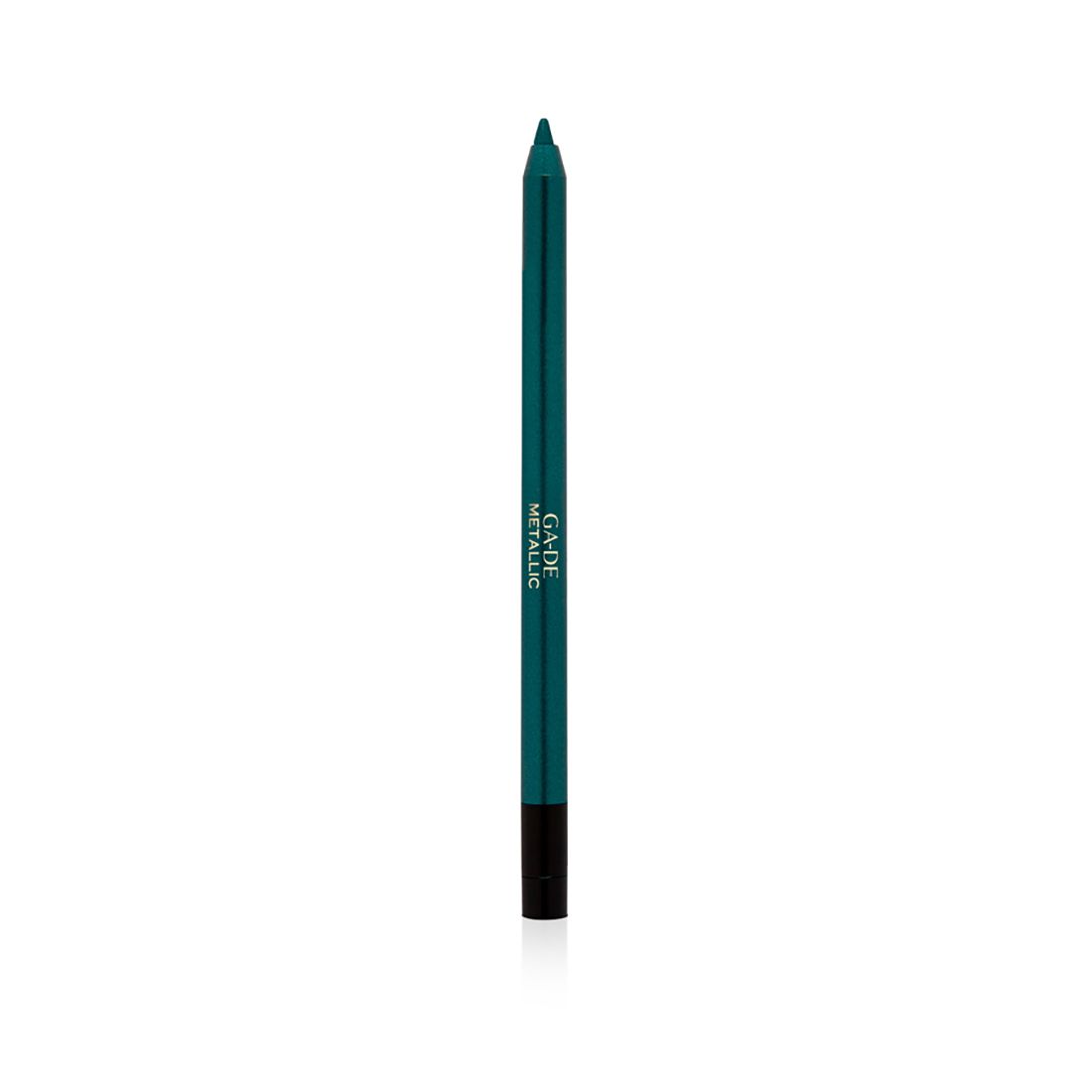 Groene Ga-De Metallic eyeliner-potlood. Zwarte punt, groene huls, witte tekst. Verticale weergave.