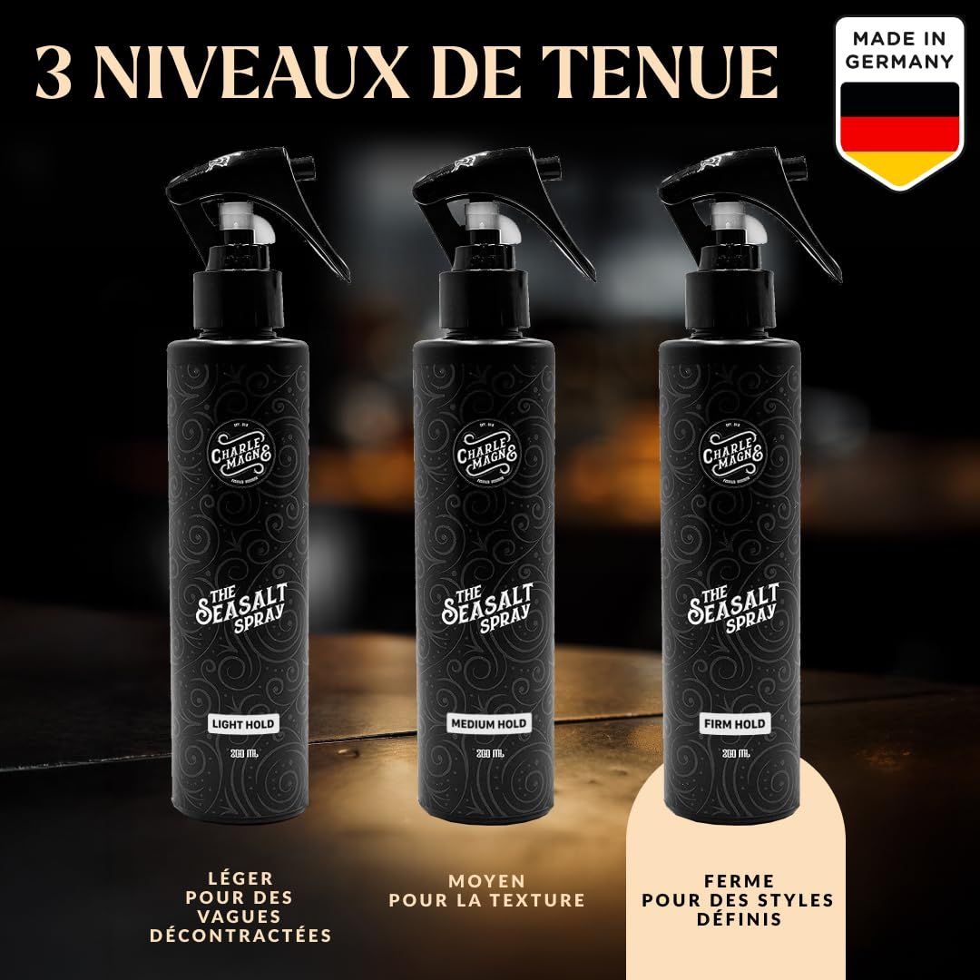 Trois flacons pulvérisateurs noirs "The Sea Salt Spray", fabriqués en Allemagne.