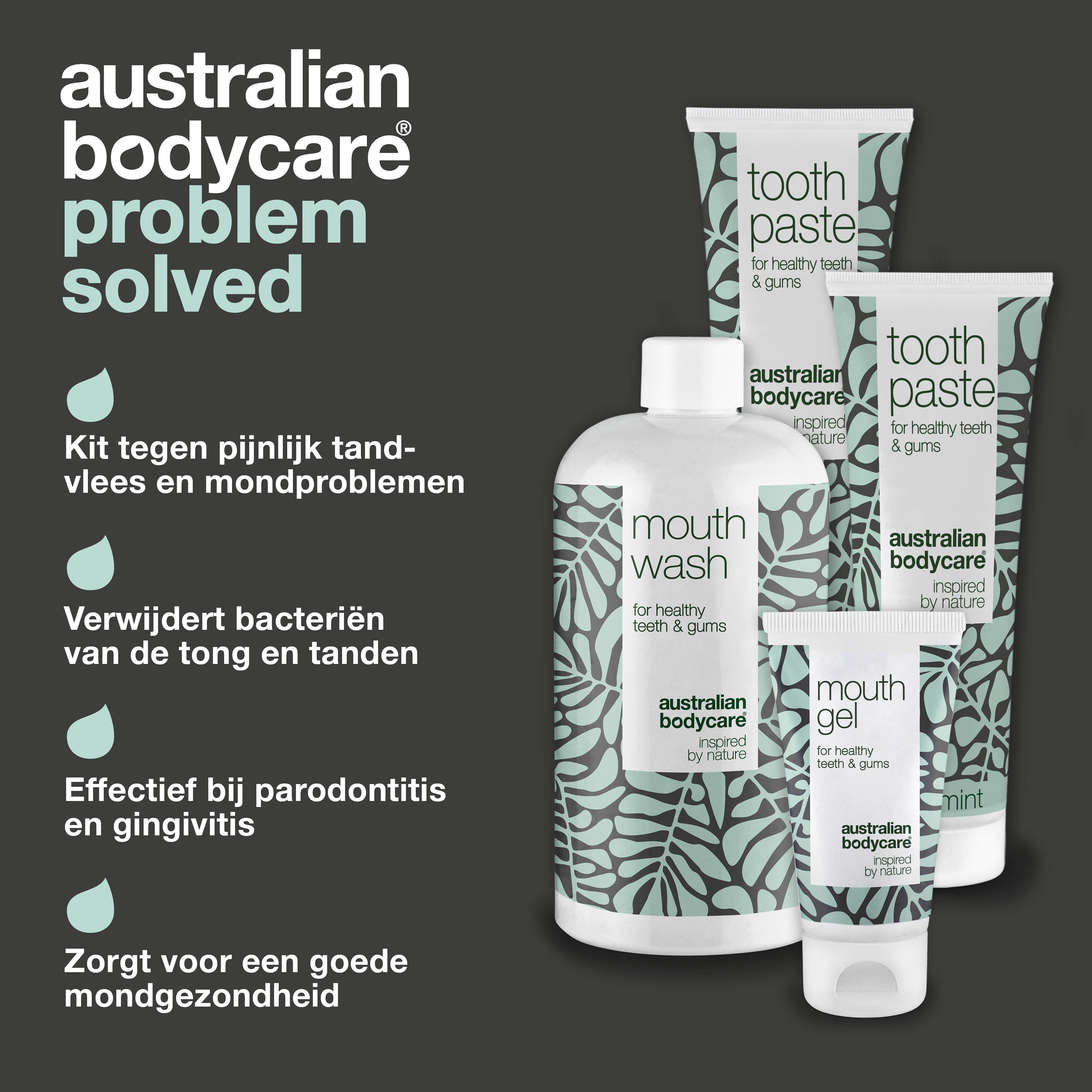 Mondverzorgingsproducten van Australian Bodycare. Tekst: Werkt snel tegen slechte adem, vermindert tandvleesproblemen.