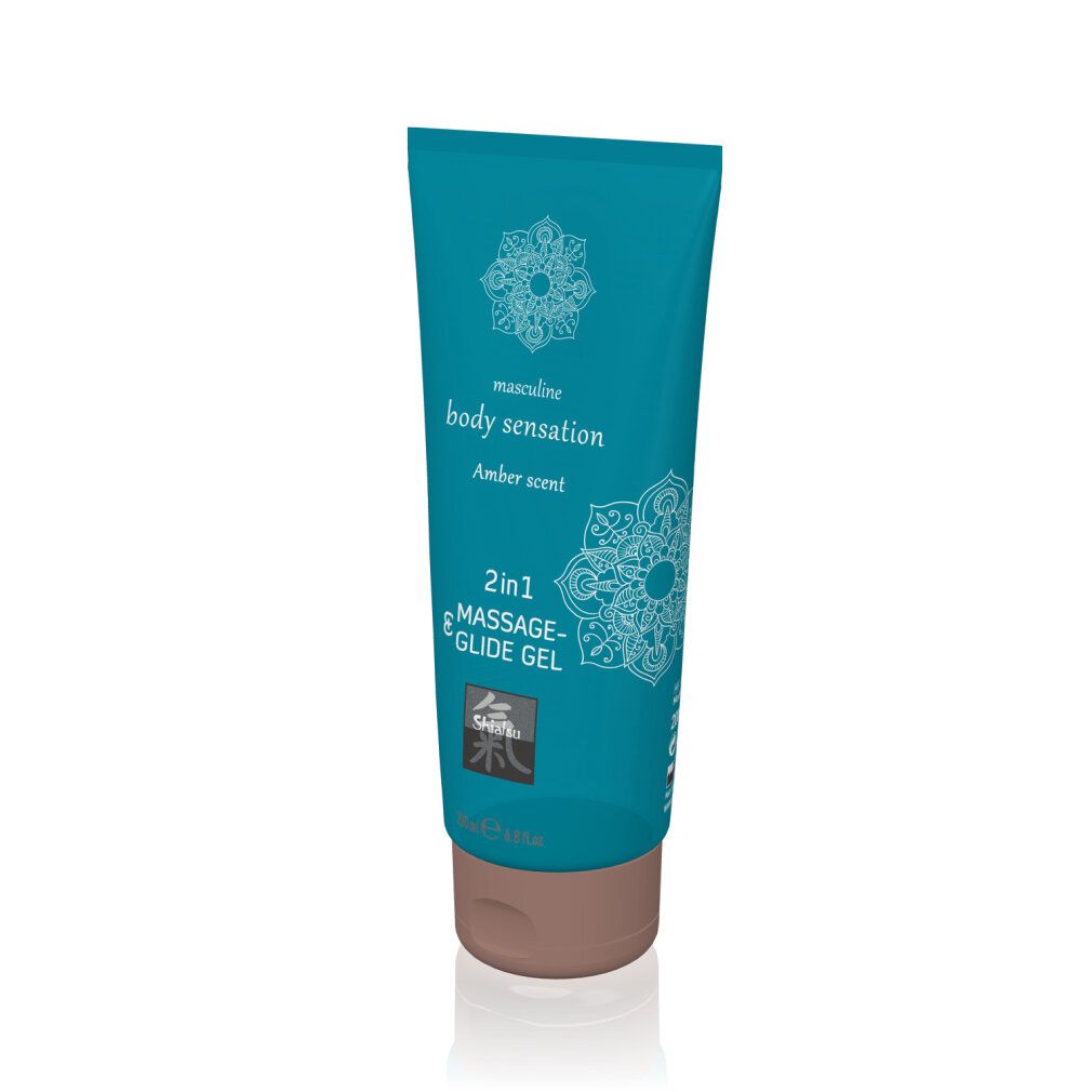 Turquoise tube met 2-in-1 massage- en glijgel, ambergeur, met mandala-patroon.