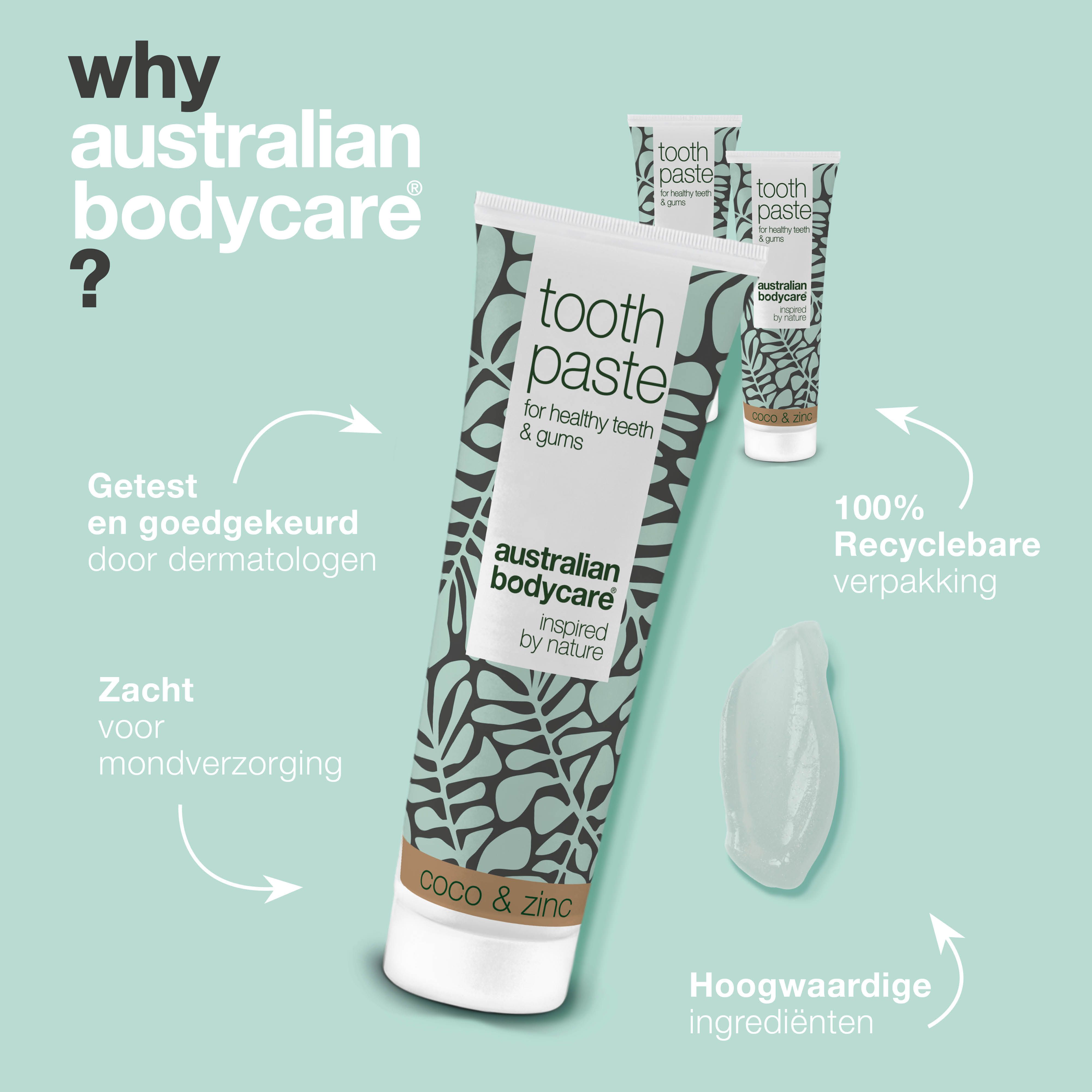 Probleem-oplossing concept. Drie tubes tandpasta. Opschrift: Australian Bodycare. Tekst: Voor parodontitis en slechte adem.