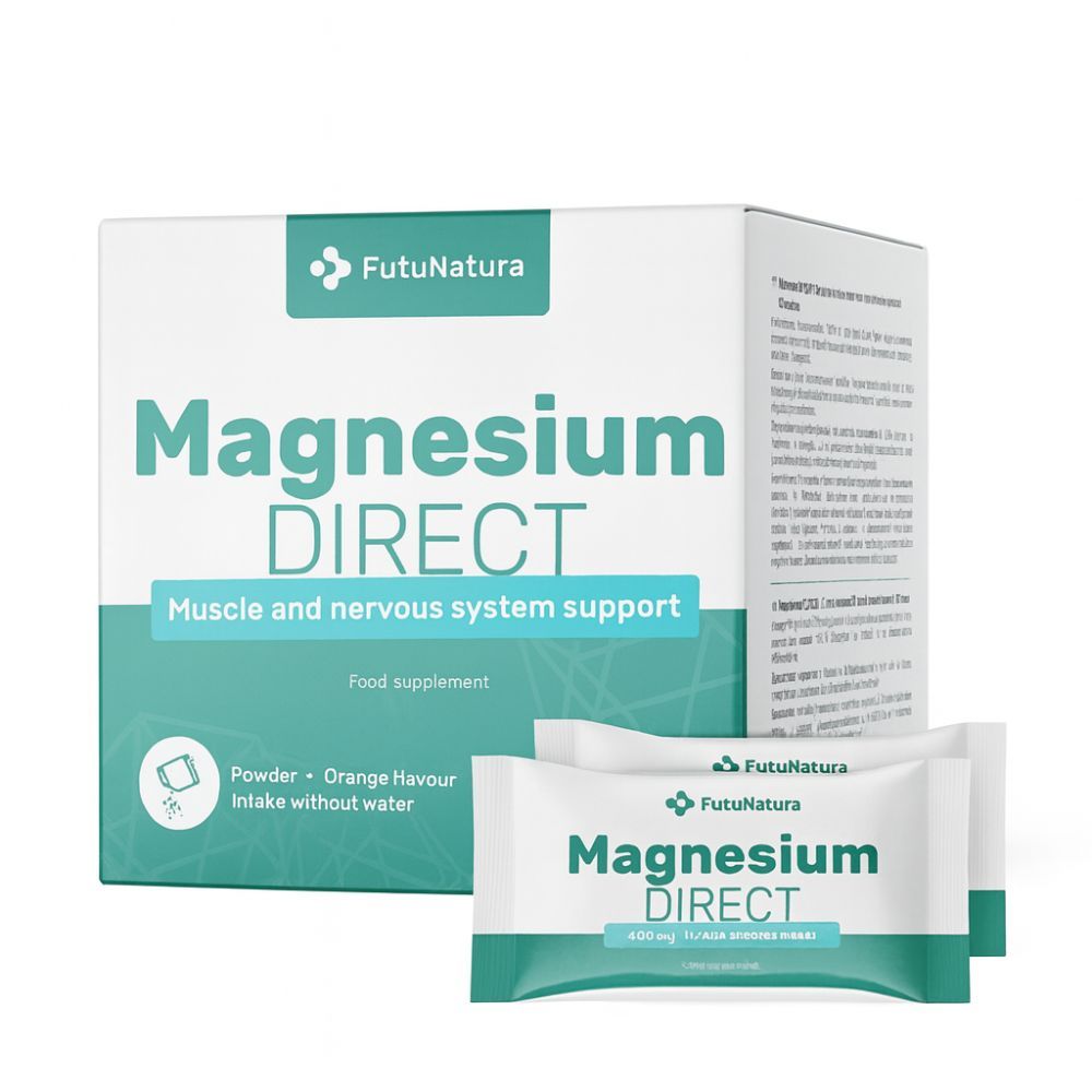 Boîte et sachets avec l'inscription Magnesium DIRECT. Nom du produit et logo FutuNatura.