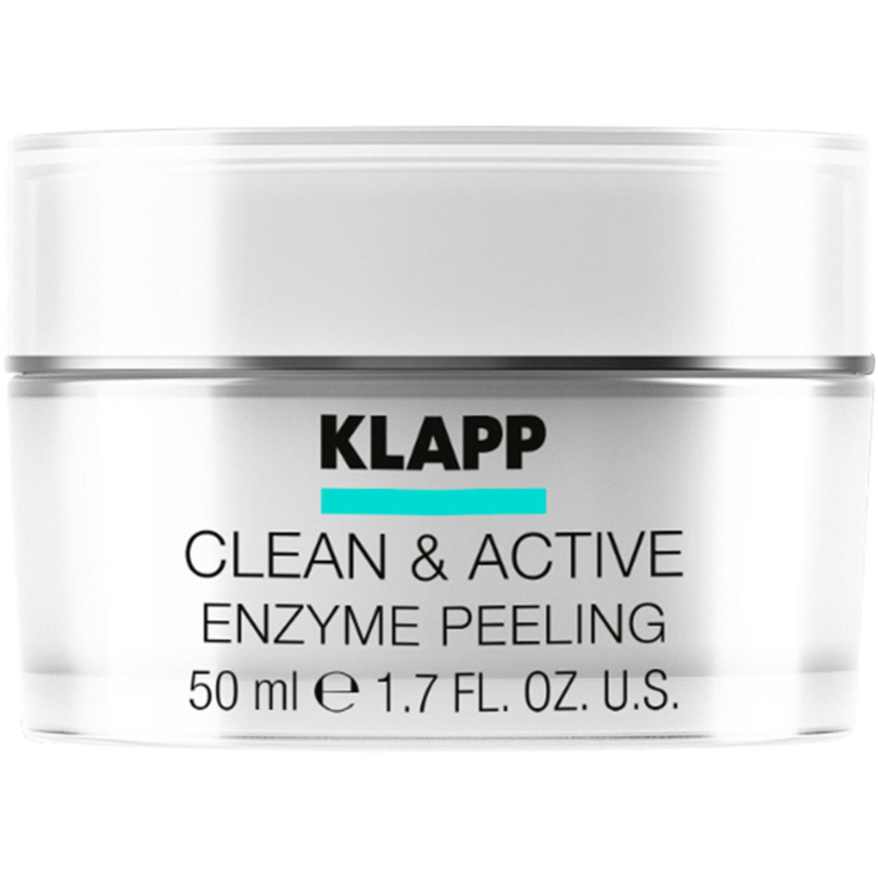 Pot transparent Klapp Clean & Active Enzyme Peeling avec couvercle blanc. Inscription : 50 ml e 1.7 FL.OZ.U.S. Logo Klapp.