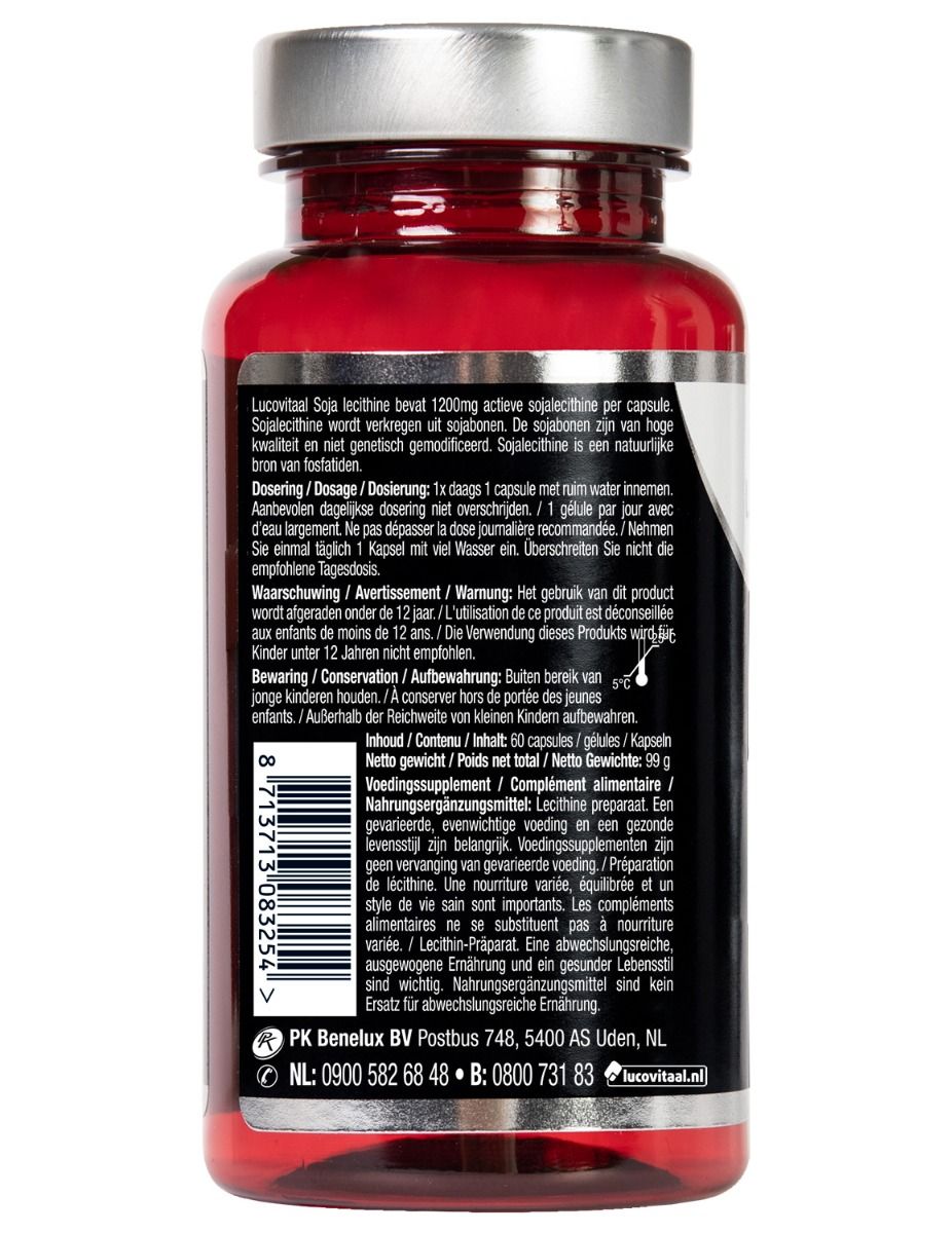 Dos d'une bouteille brune avec informations sur le produit. Contient 60 gélules. Avertissement pour les enfants.