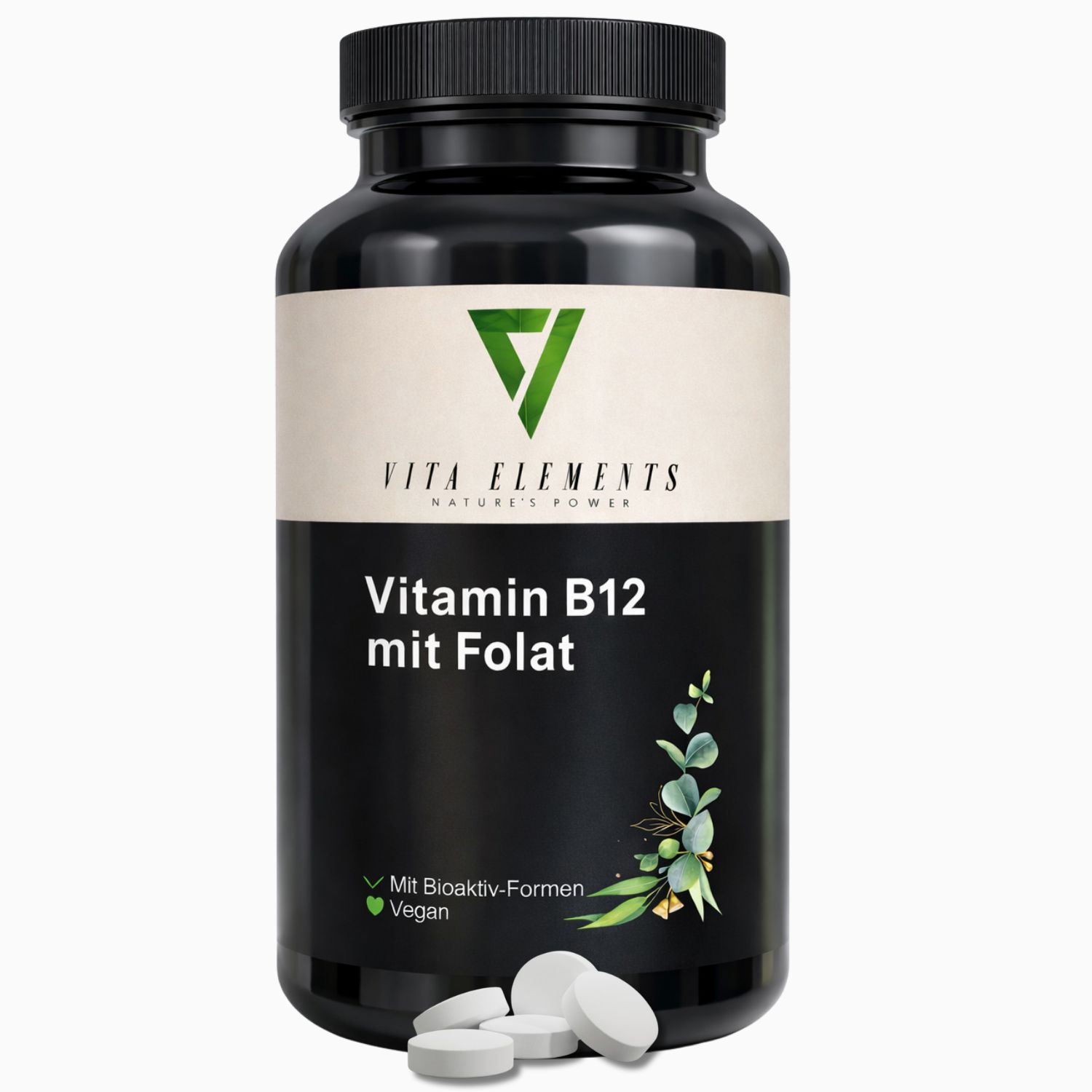 Vita Elements Vitamine B12 met foliumzuur, zwarte pot met etiket, drie tabletten ernaast.