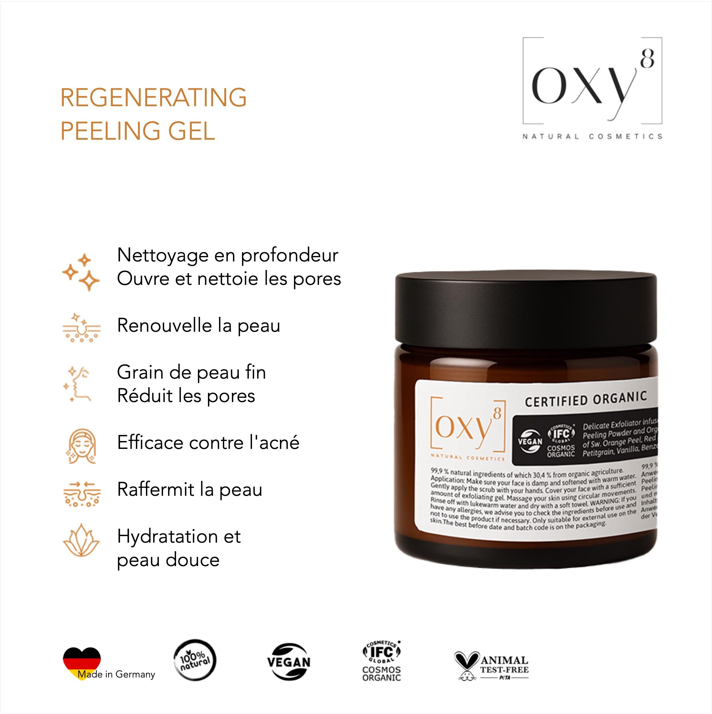 Emballage du produit avec texte et icônes. Logo oxy8 Naturkosmetik. Inscription : REGENERATING PEELING GEL.